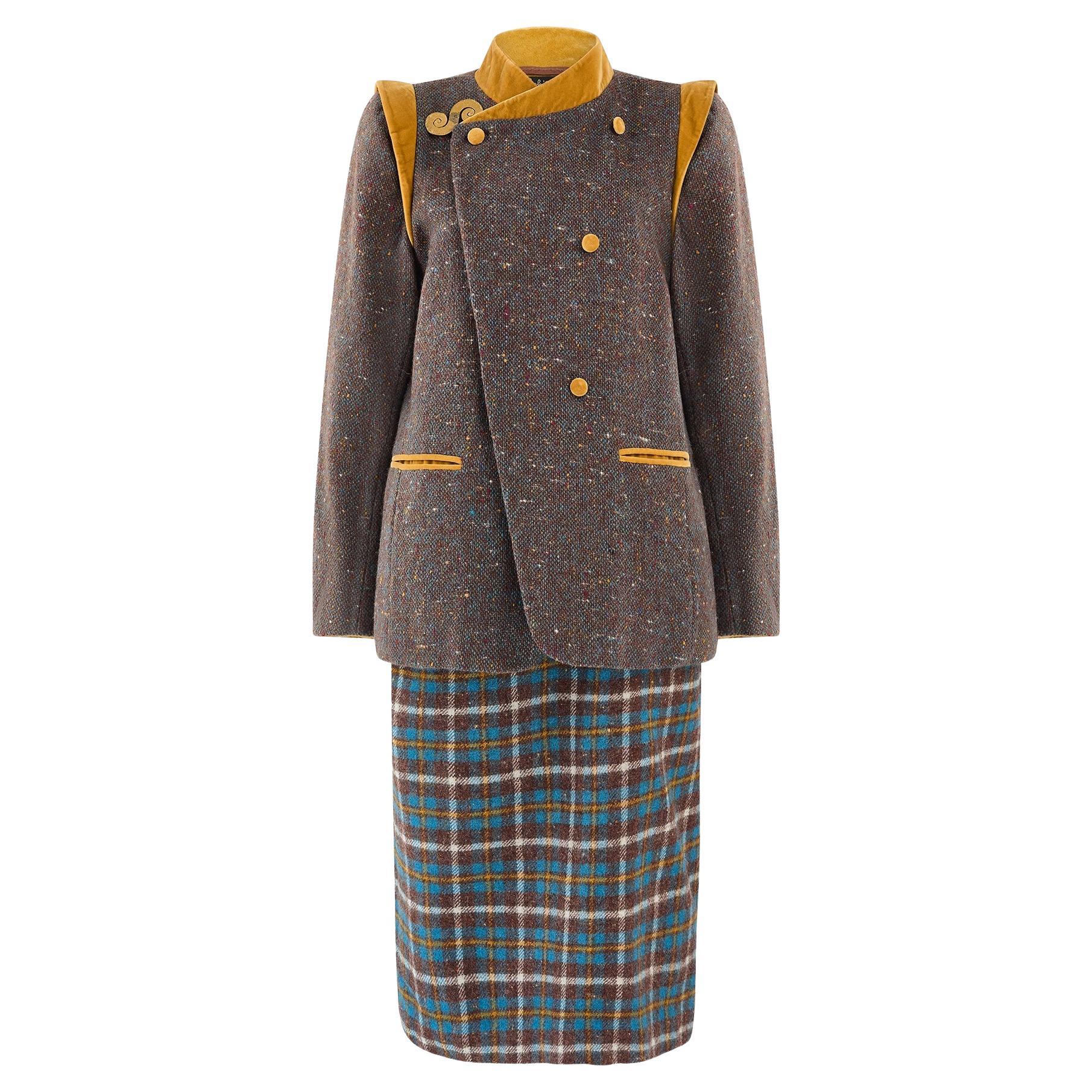 1980s Schiaparelli Brown Wool Check Skirt Suit with Velvet Trim For Sale