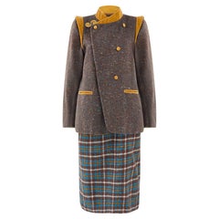 1980s Schiaparelli Brown Wool Check Skirt Suit with Velvet Trim