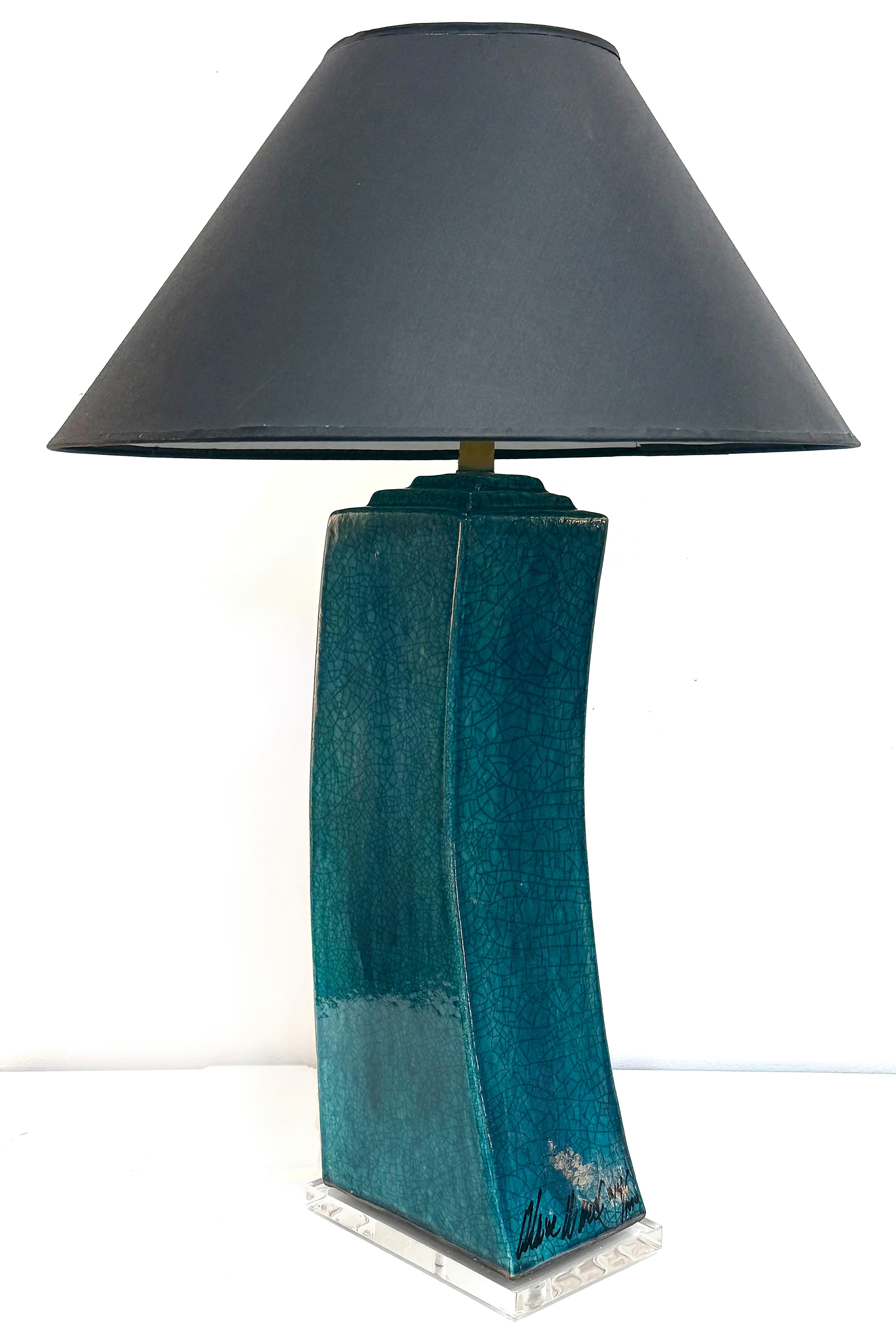 Modern 1980s Sculptural Ceramic Glazed  Table Lamp on Lucite Base, Signed and Numbered For Sale