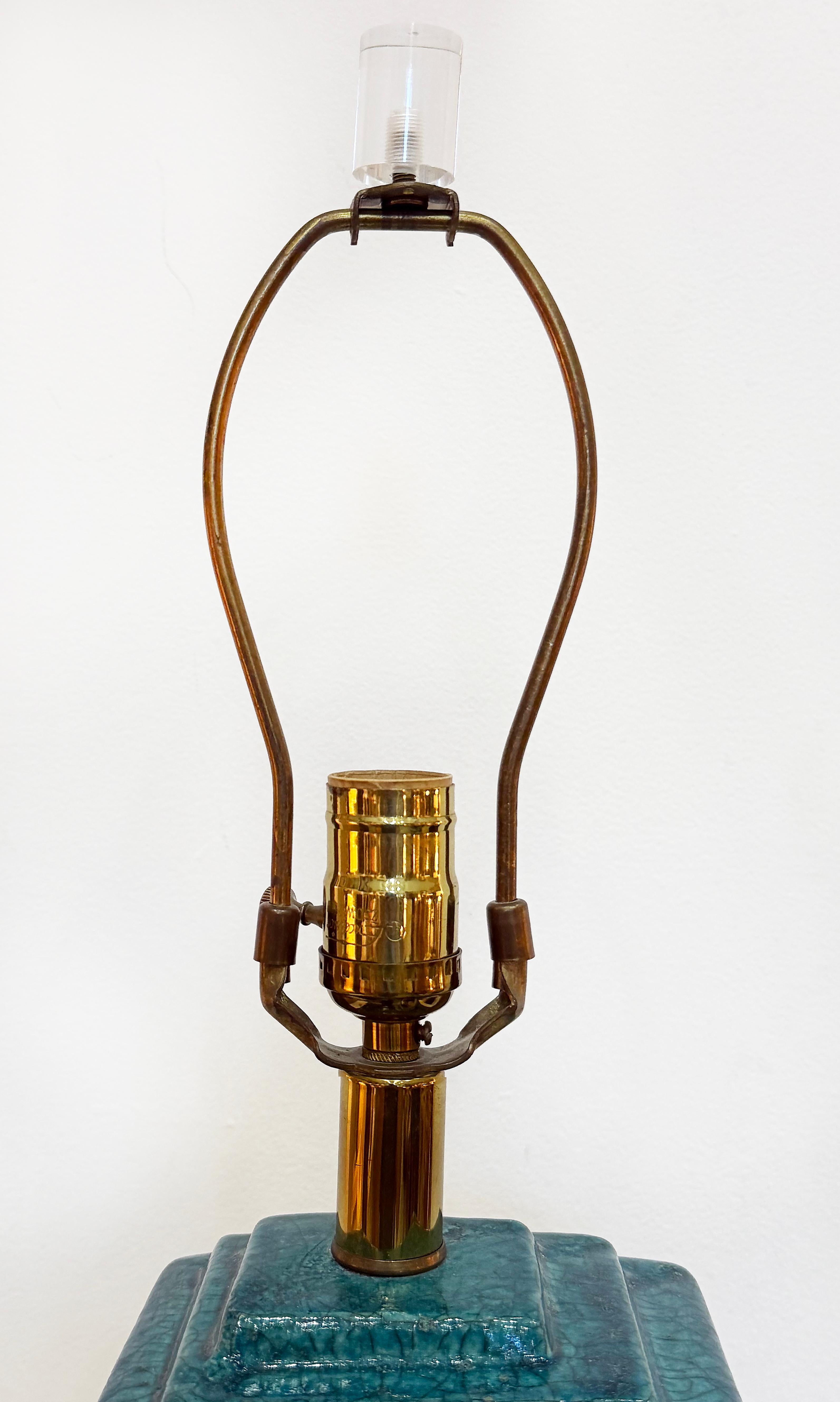 Brass 1980s Sculptural Ceramic Glazed  Table Lamp on Lucite Base, Signed and Numbered For Sale