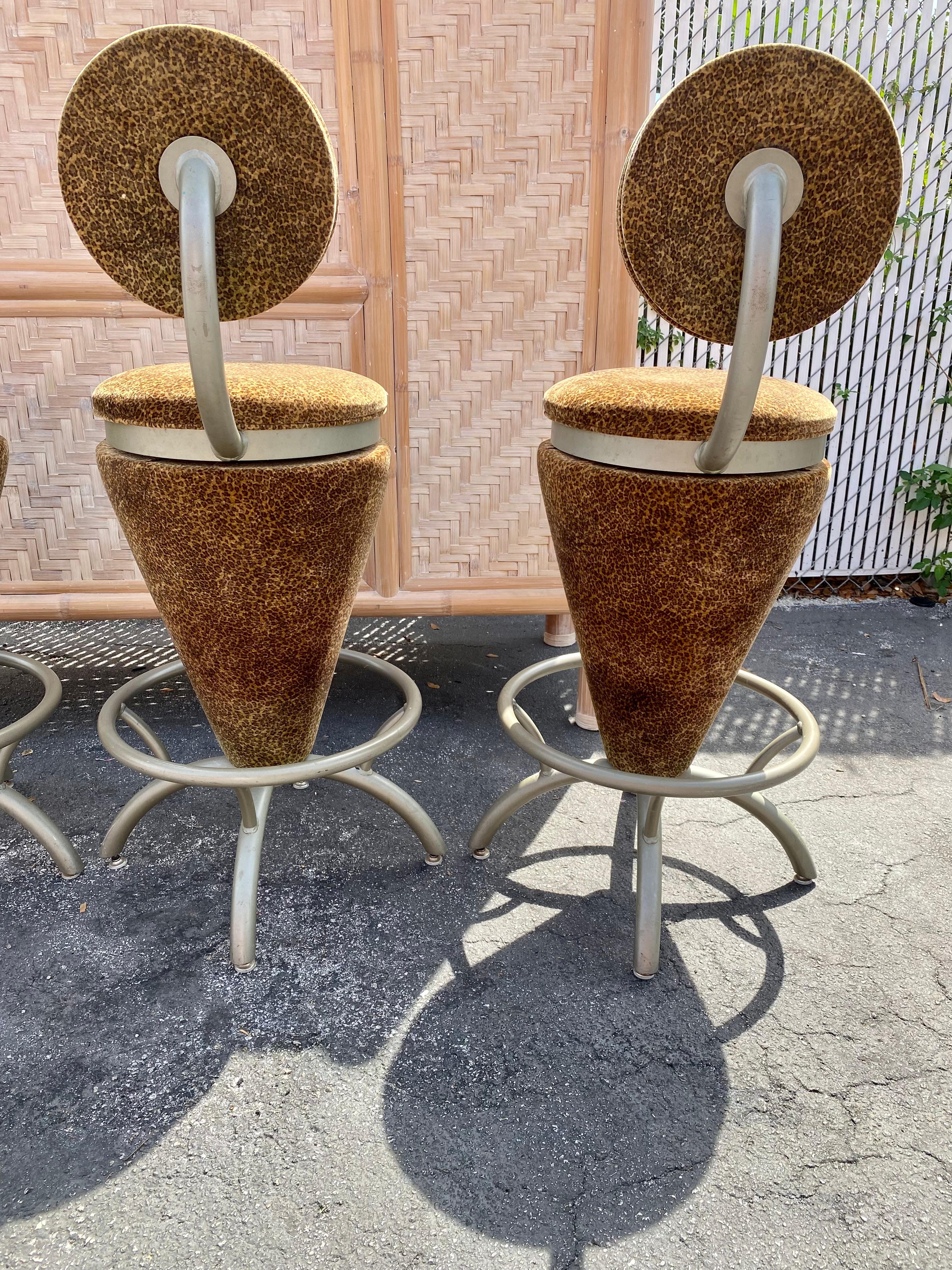1980s Sculptural Coned Leopard Velvet Steel Swivel Stools Chairs  For Sale 5
