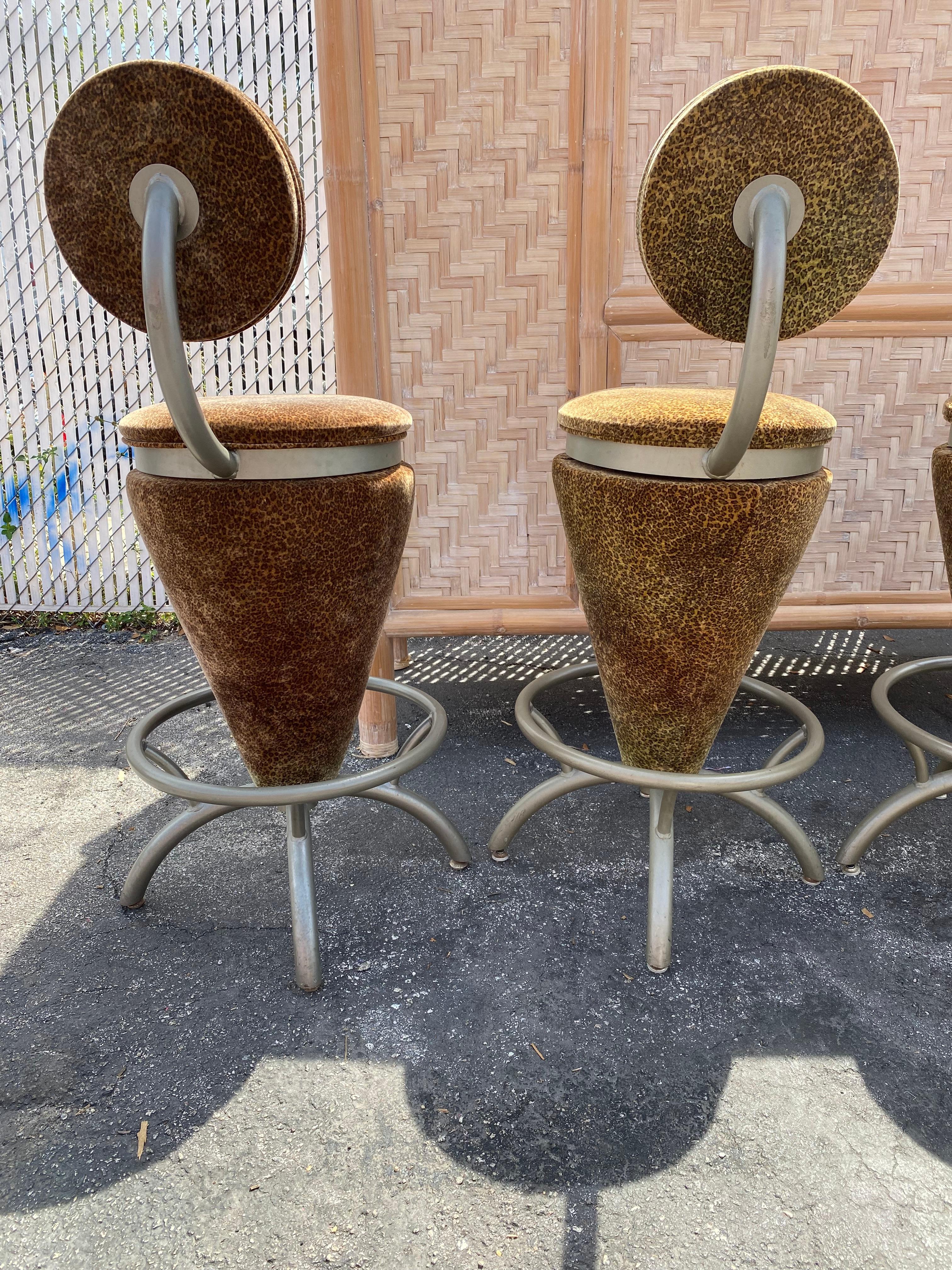 1980s Sculptural Coned Leopard Velvet Steel Swivel Stools Chairs  For Sale 6