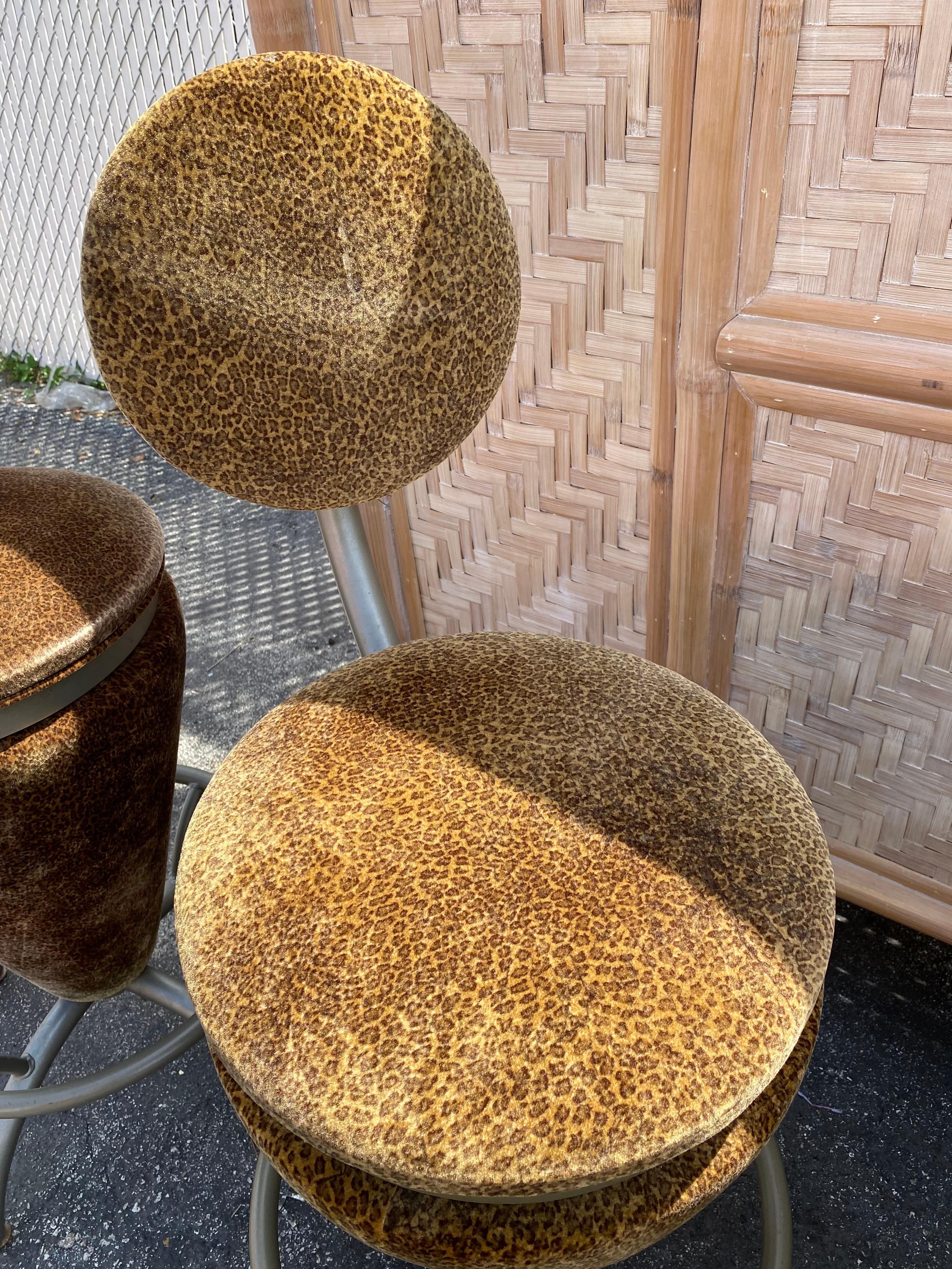 1980s Sculptural Coned Leopard Velvet Steel Swivel Stools Chairs  For Sale 8