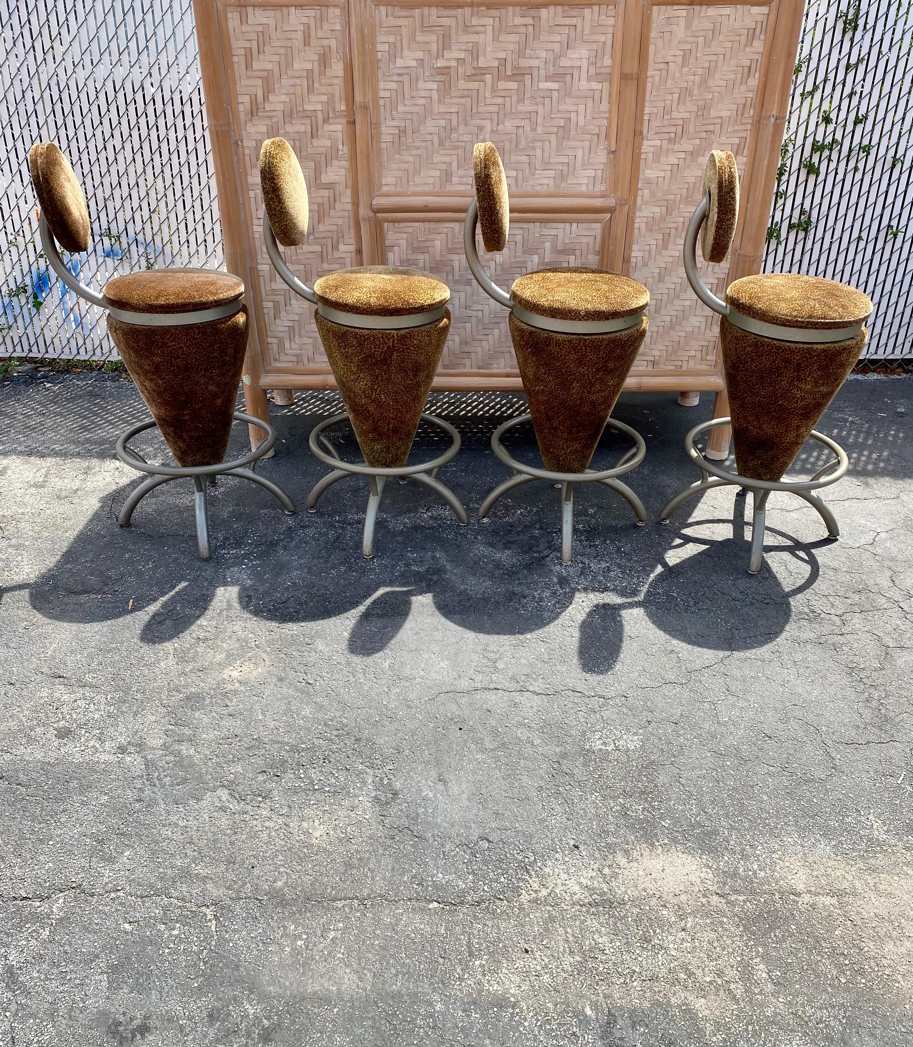 1980s Sculptural Coned Leopard Velvet Steel Swivel Stools Chairs  In Good Condition For Sale In Fort Lauderdale, FL