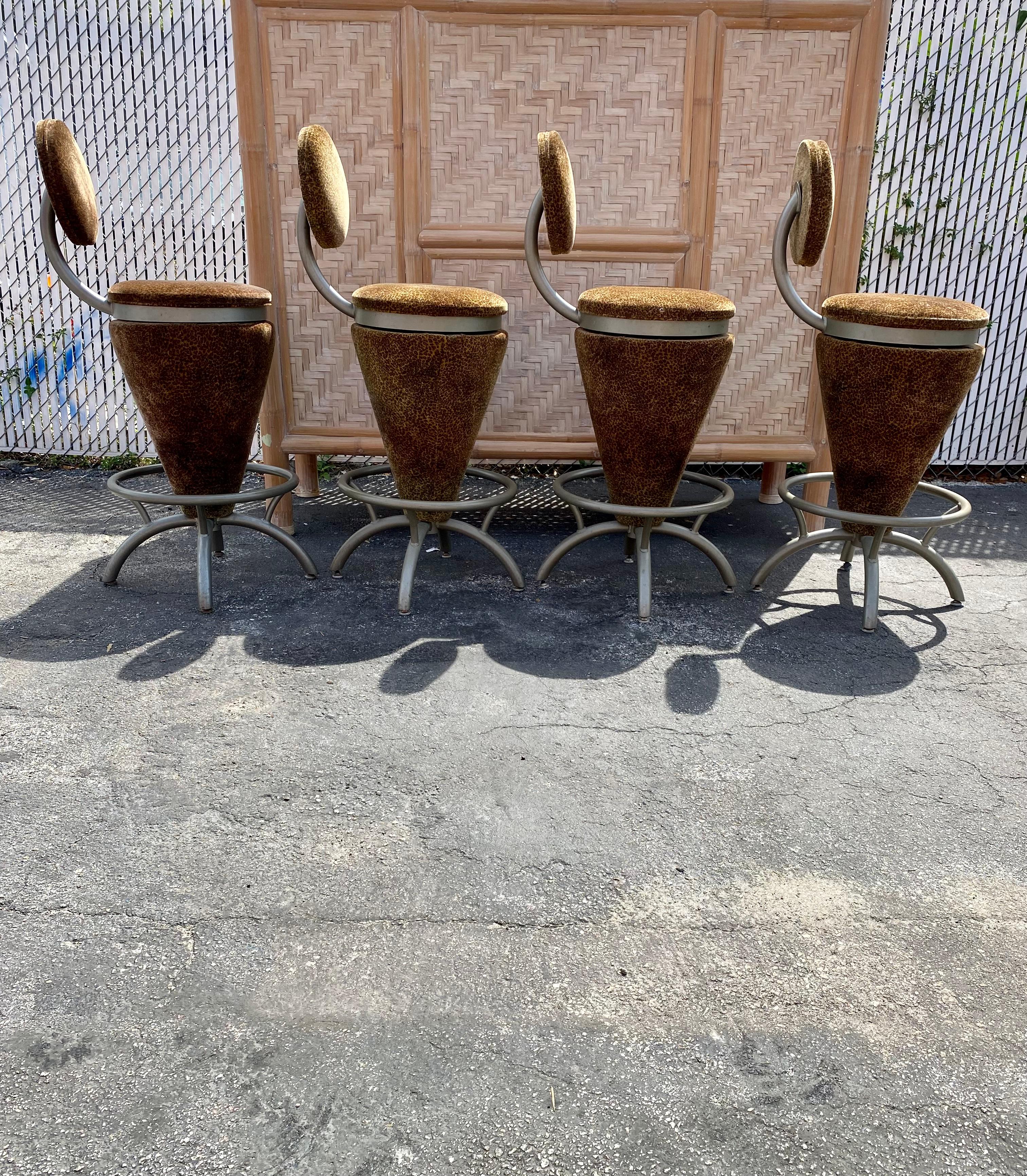 Late 20th Century 1980s Sculptural Coned Leopard Velvet Steel Swivel Stools Chairs  For Sale