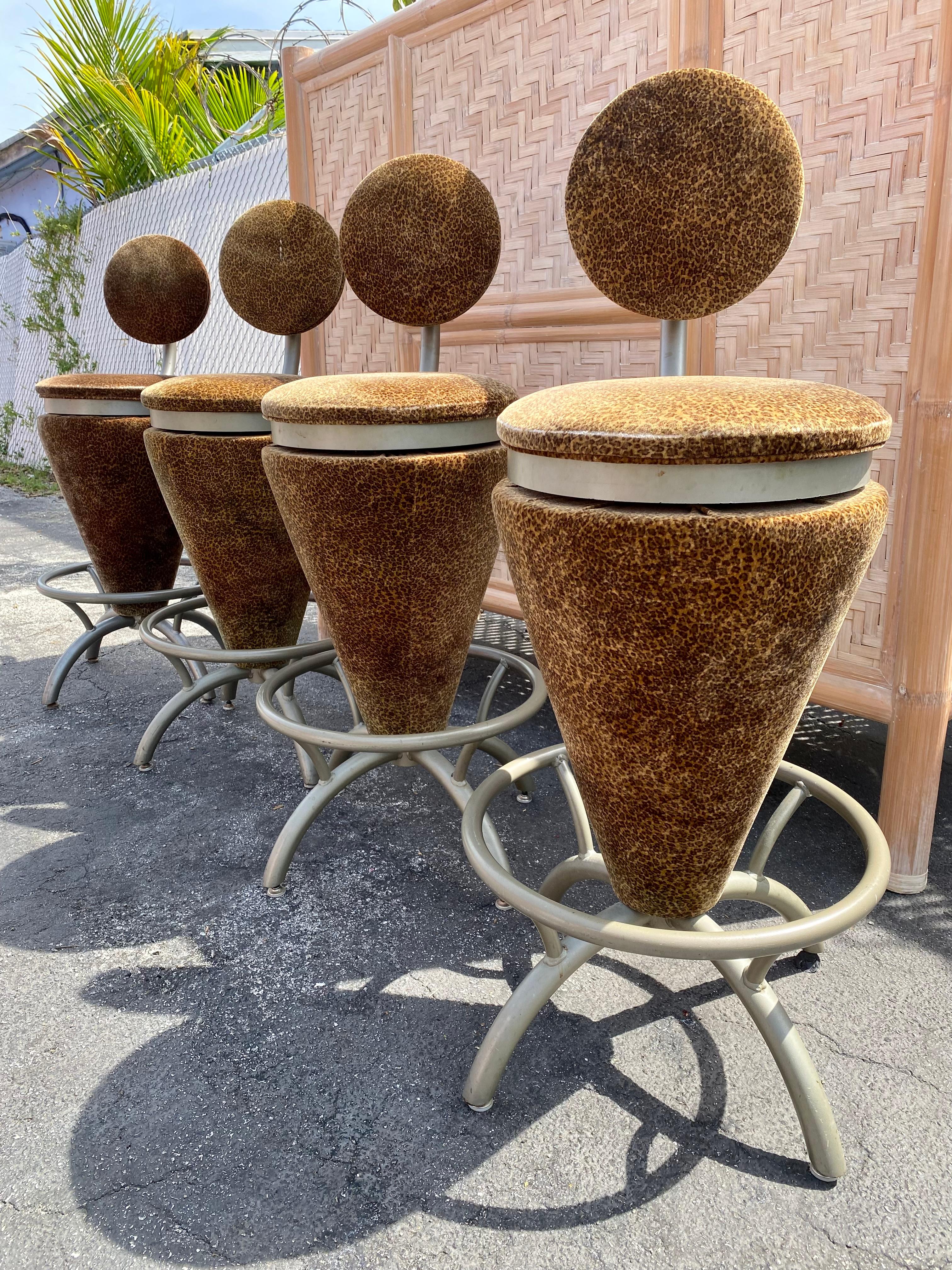 1980s Sculptural Coned Leopard Velvet Steel Swivel Stools Chairs  For Sale 1