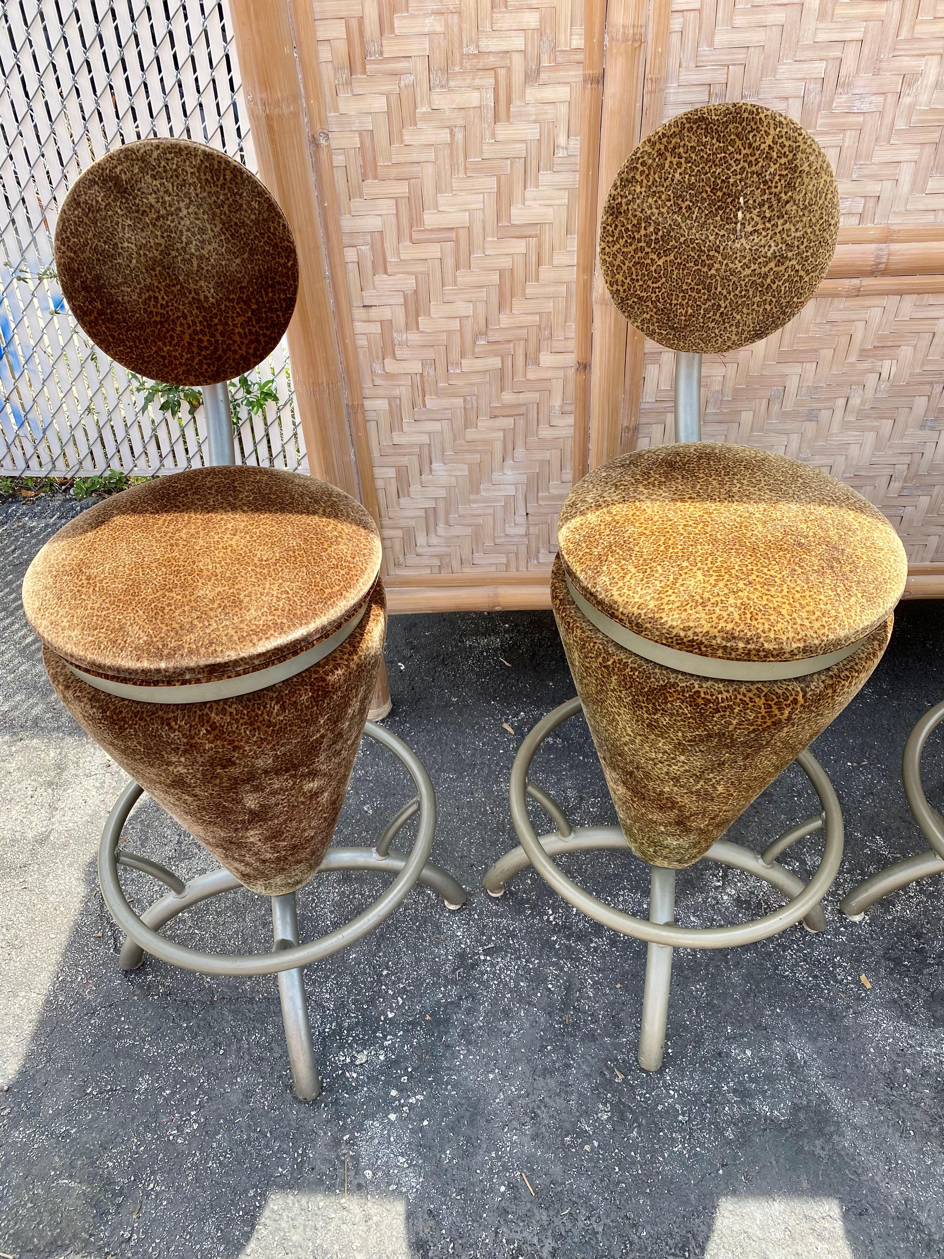1980s Sculptural Coned Leopard Velvet Steel Swivel Stools Chairs  For Sale 2