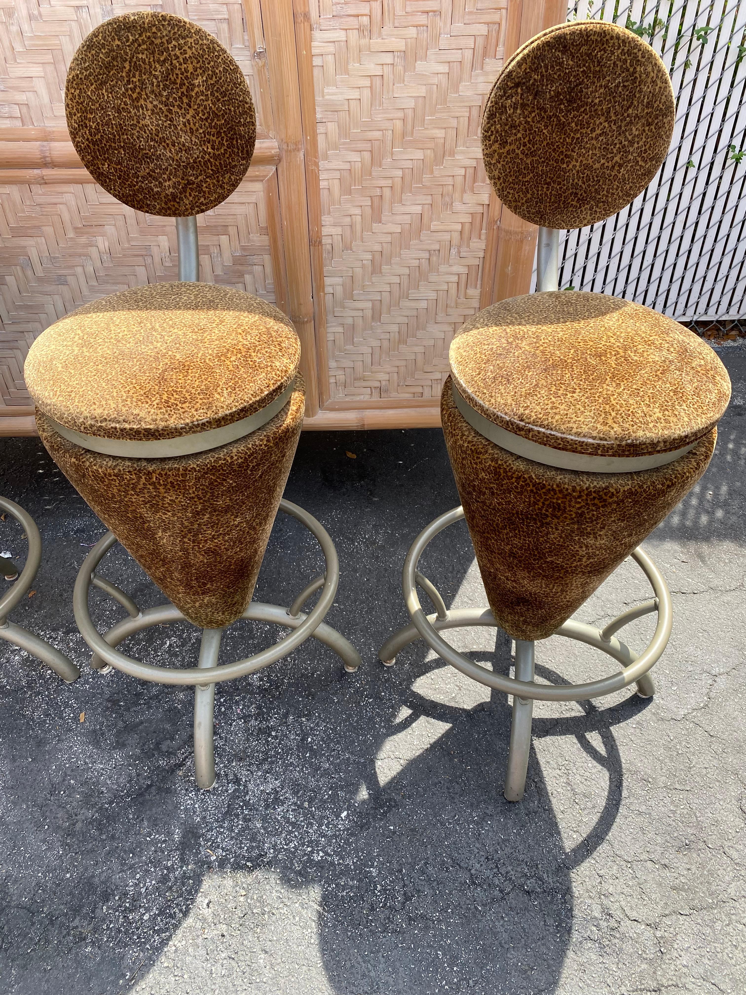 1980s Sculptural Coned Leopard Velvet Steel Swivel Stools Chairs  For Sale 3