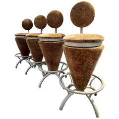 1980s Sculptural Coned Leopard Velvet Steel Swivel Stools Chairs