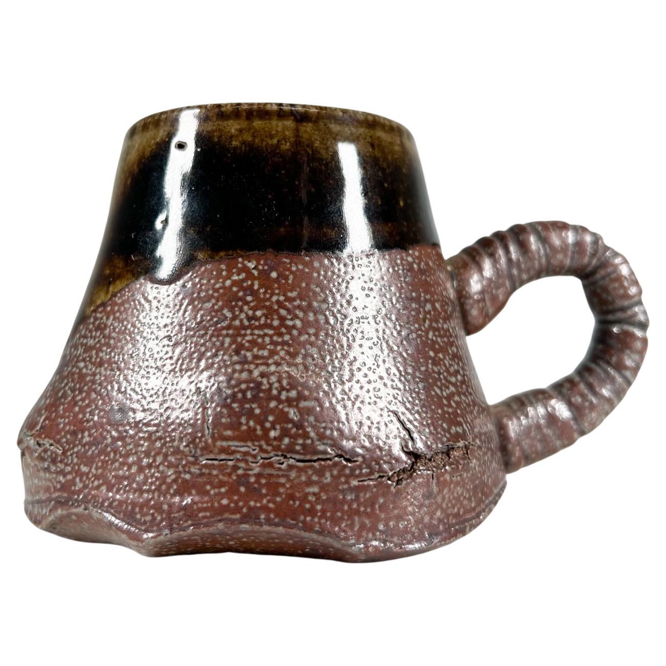 1980s Sculptural Dark Brown Mug Coffee Cup Pottery Art by Melching For Sale