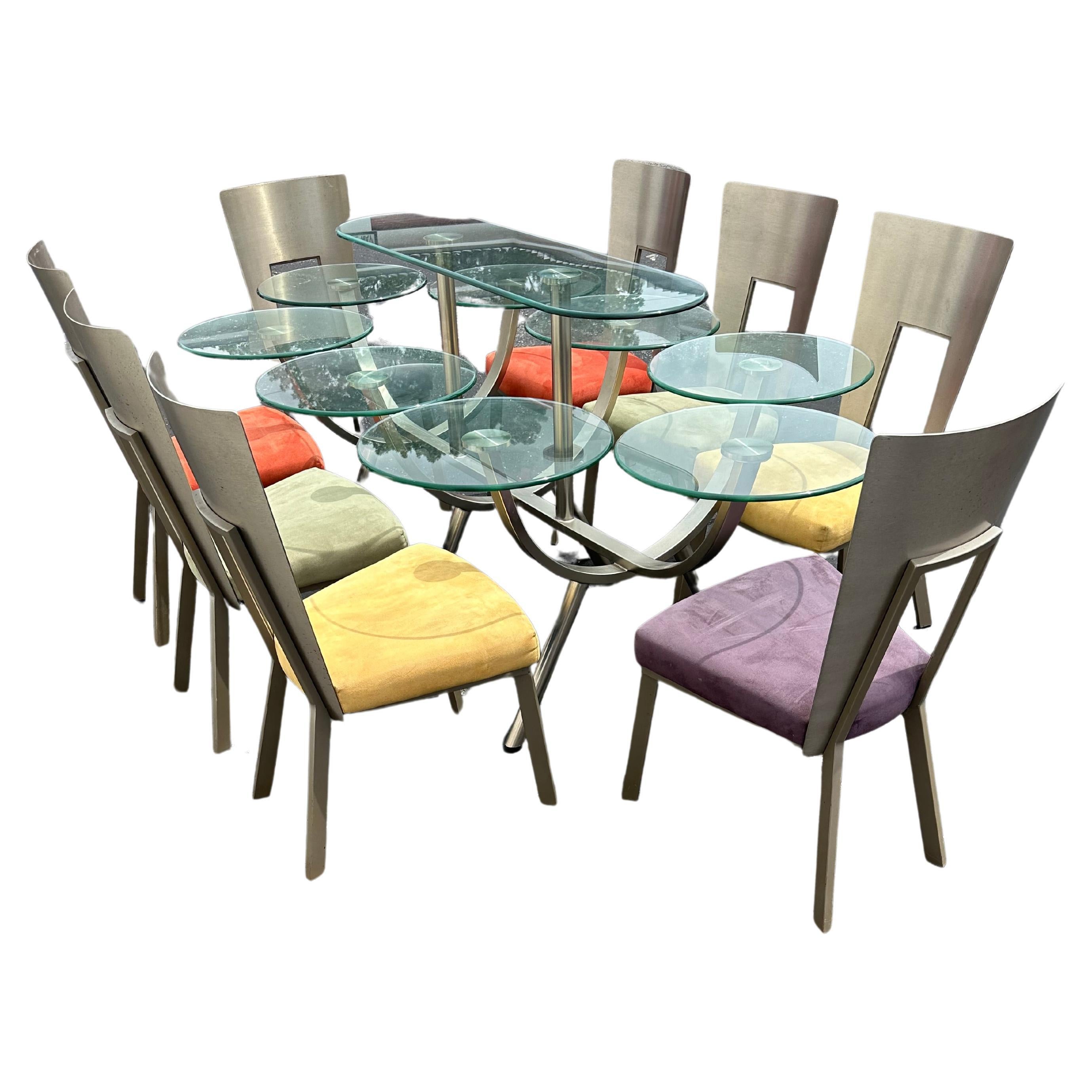 1980s Sculptural DIA Sculptural Dining Circular Oval Glass Table, Set of 9