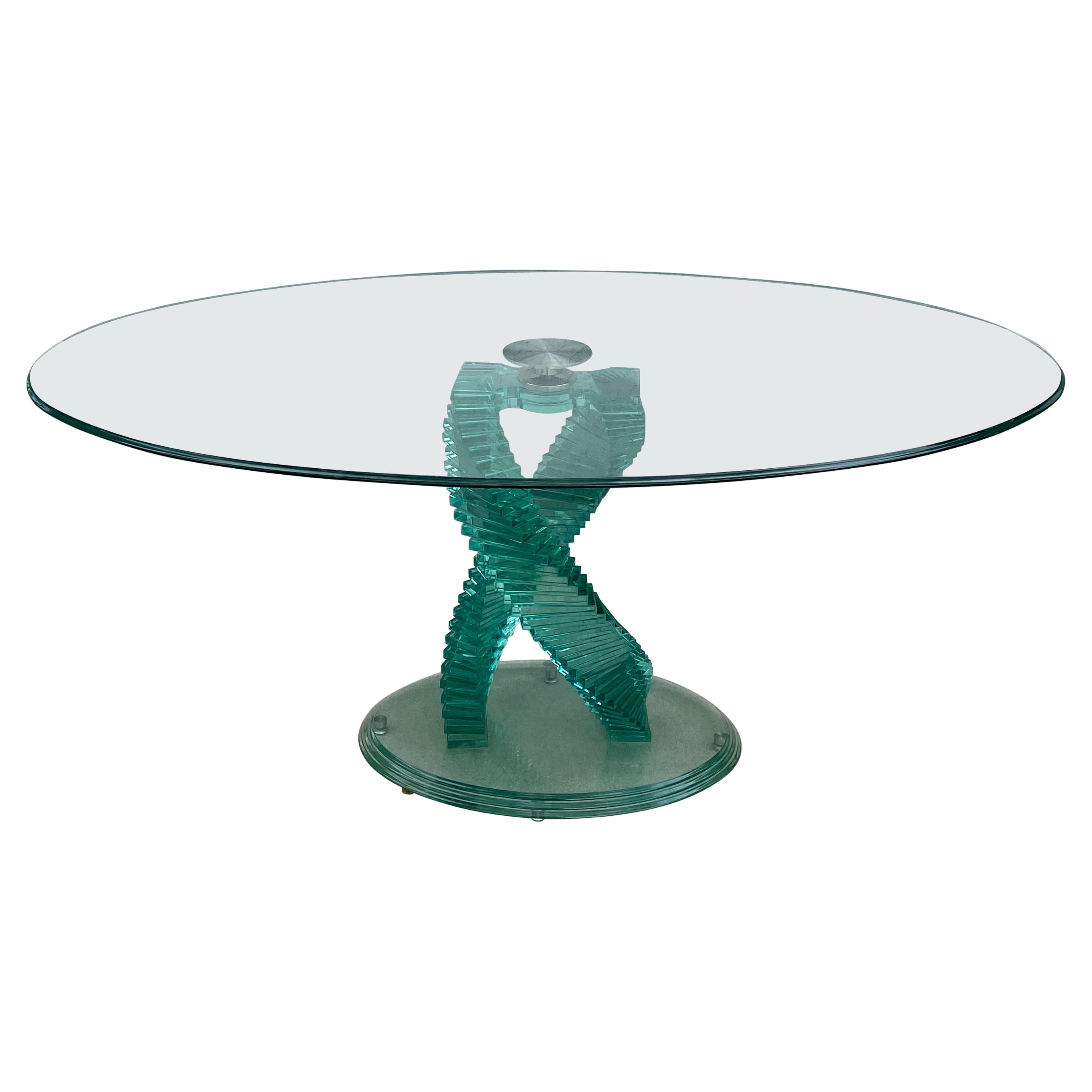 Mesa de comedor de cristal con tapa giratoria en espiral Helix escultórica de los años 80 en venta