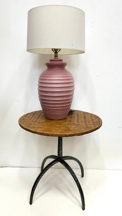 1980s Sculptural Industrial Iron Woven Leather Top Side Table