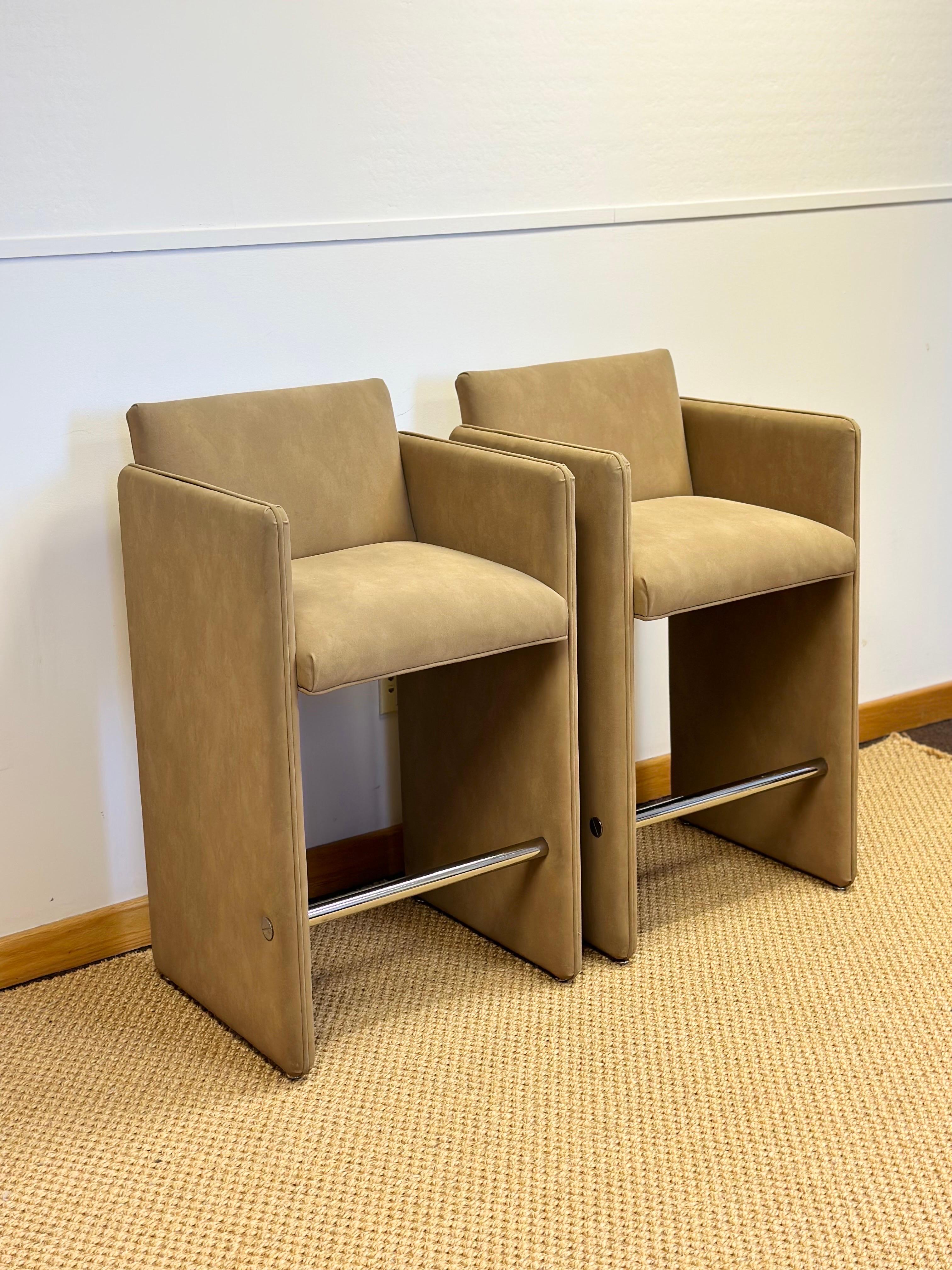 Late 20th Century 1980s Sculptural Italian Postmodern Faux Tan Suede Bar Stools – a Pair  For Sale