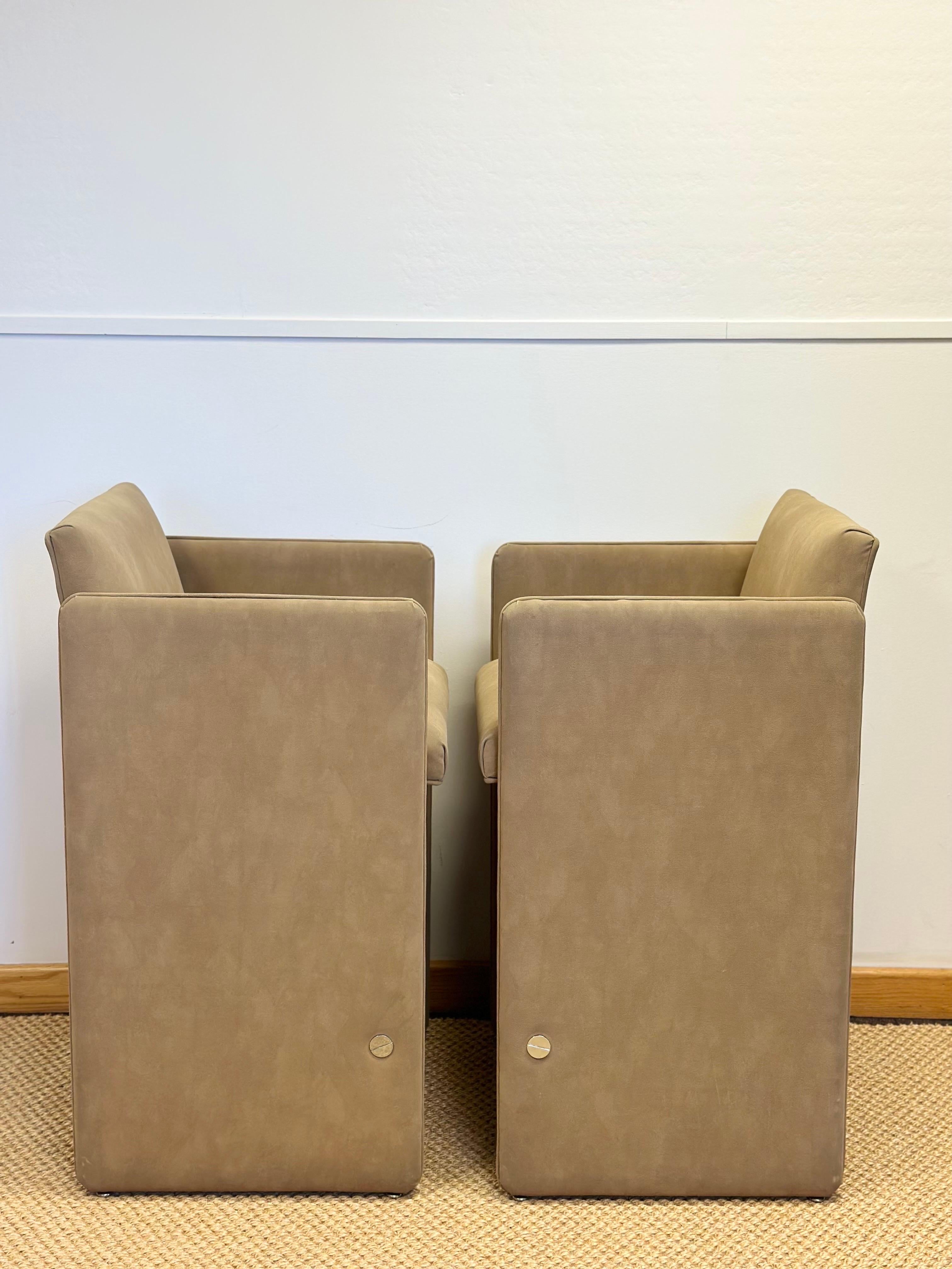 Faux Leather 1980s Sculptural Italian Postmodern Faux Tan Suede Bar Stools – a Pair  For Sale