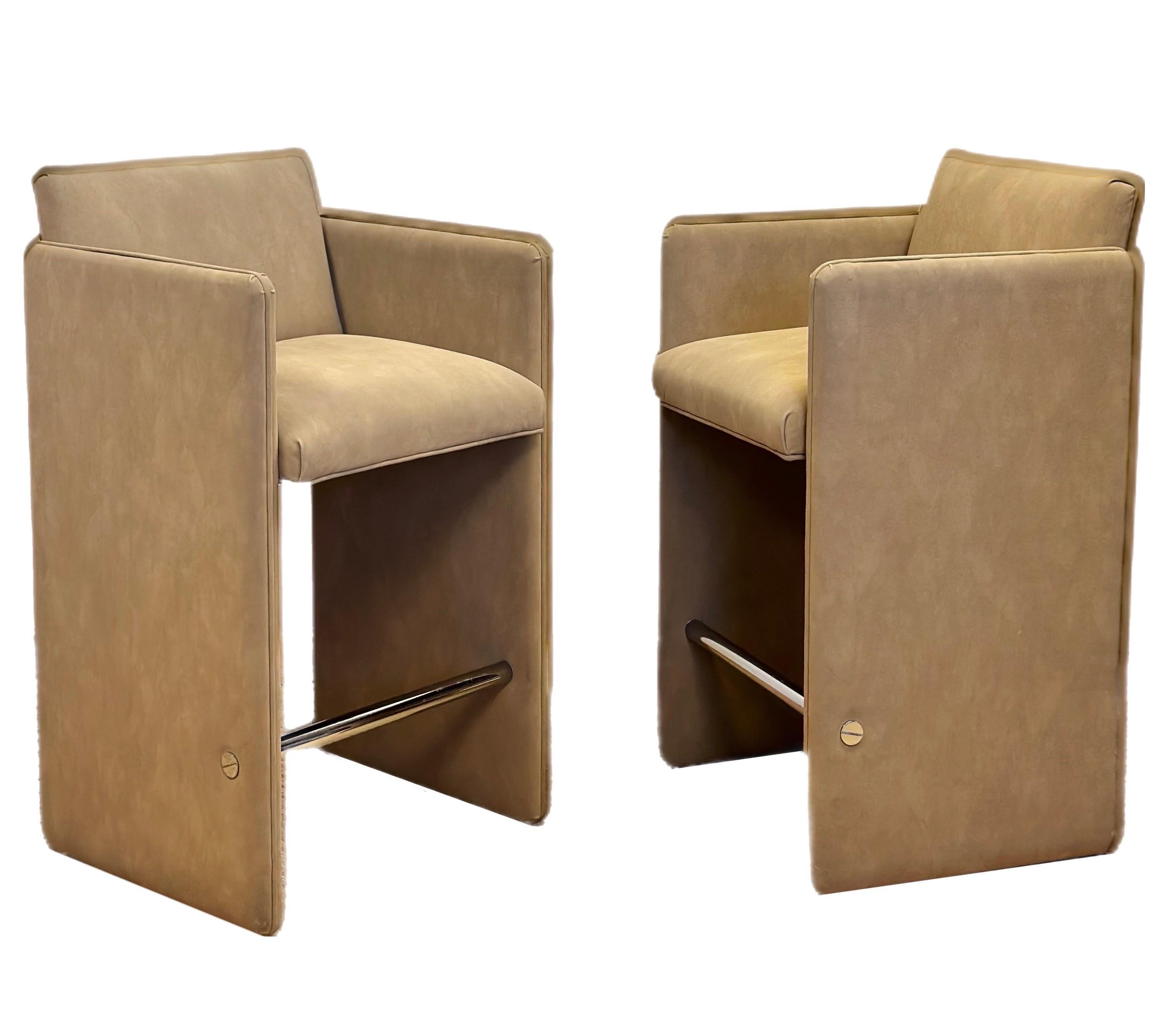 1980s Sculptural Italian Postmodern Faux Tan Suede Bar Stools – a Pair For Sale