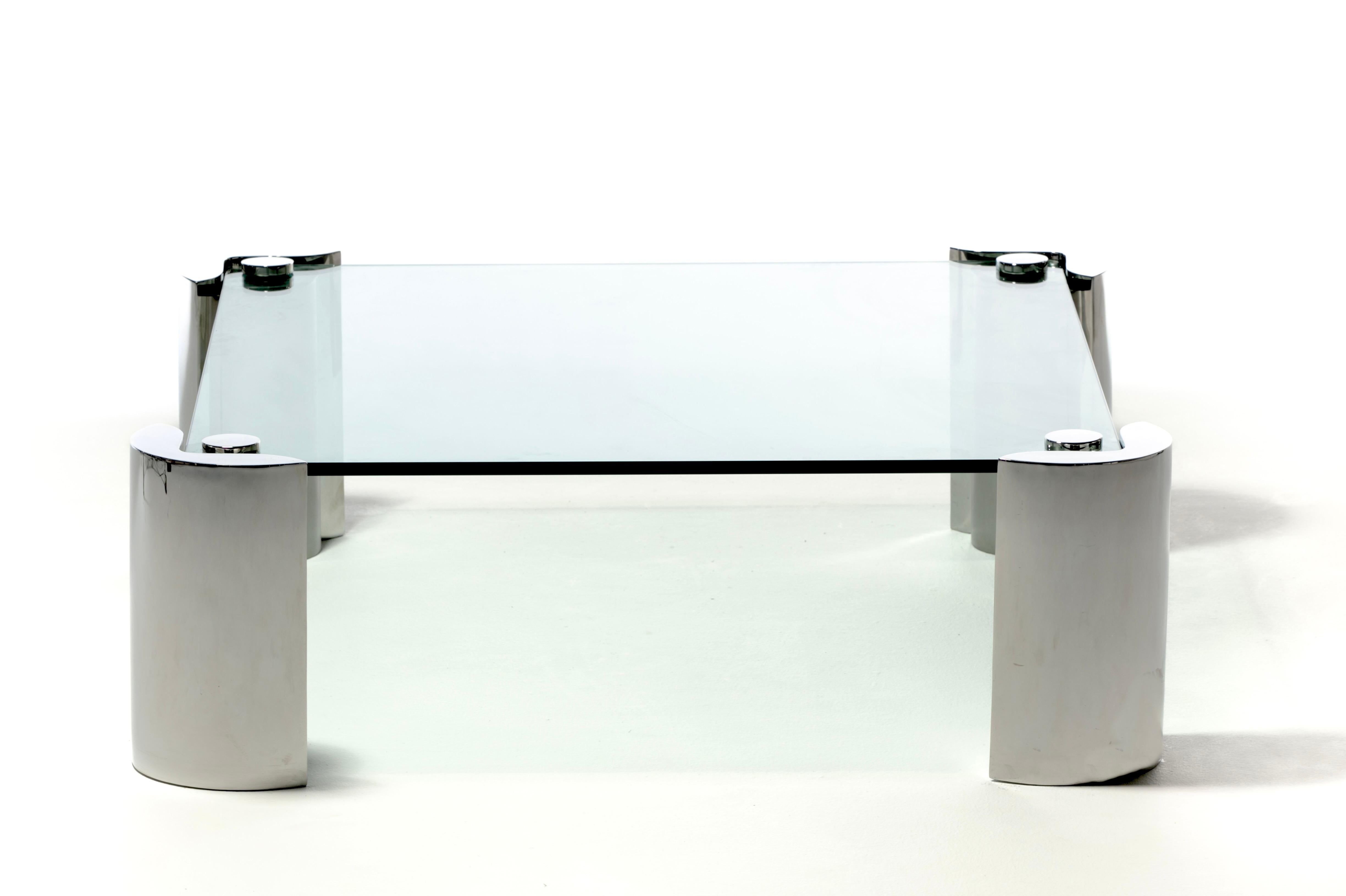Tempered 1980s Sculptural Karl Springer Coffee Table in Glass and Stainless Steel For Sale