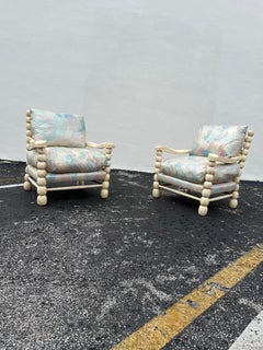 1980s Pastel Maitland Smith Gustavian Bobbin Style Rustic Chairs, Set of 2