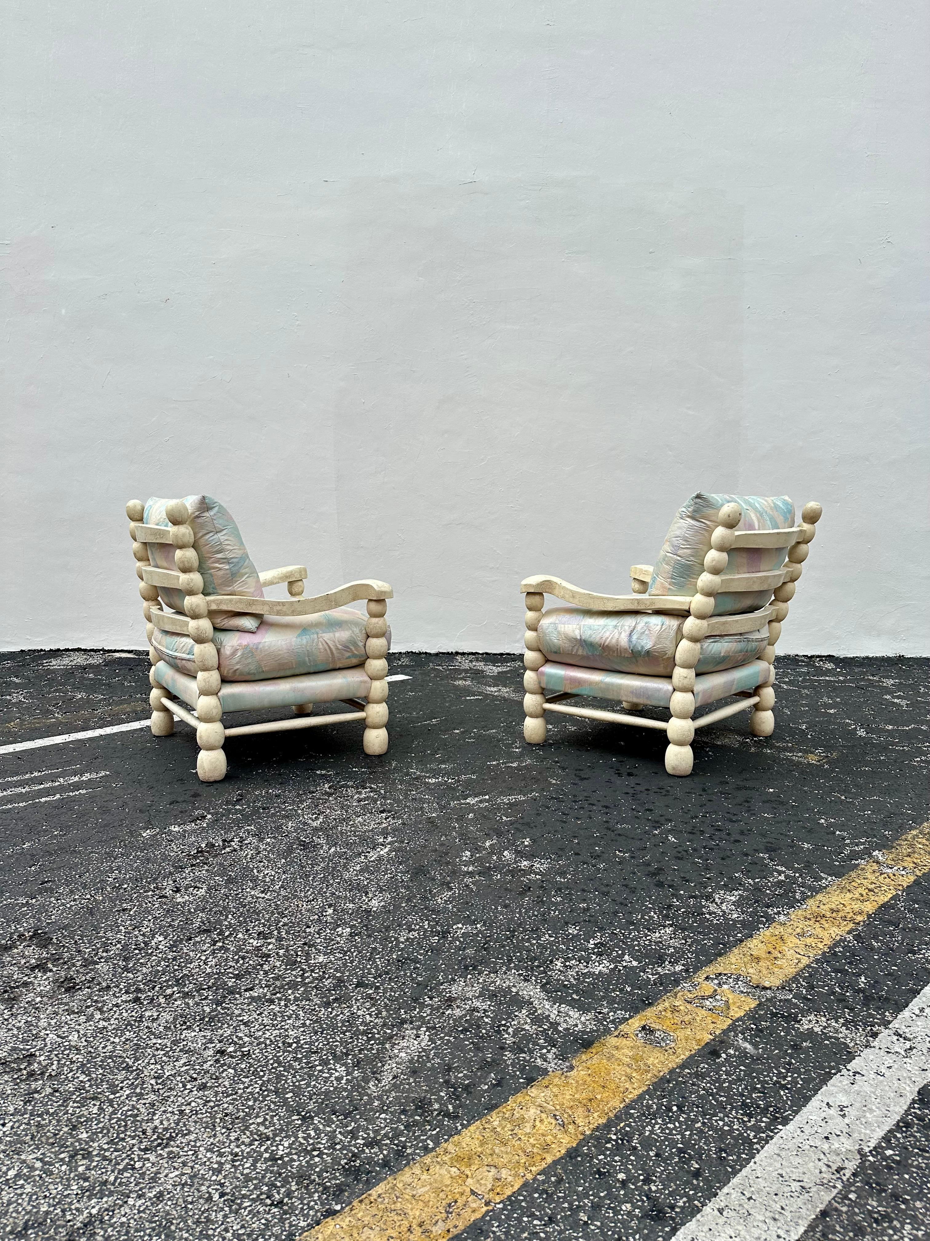 American 1980s Pastel Maitland Smith Gustavian Bobbin Style Rustic Chairs, Set of 2 For Sale