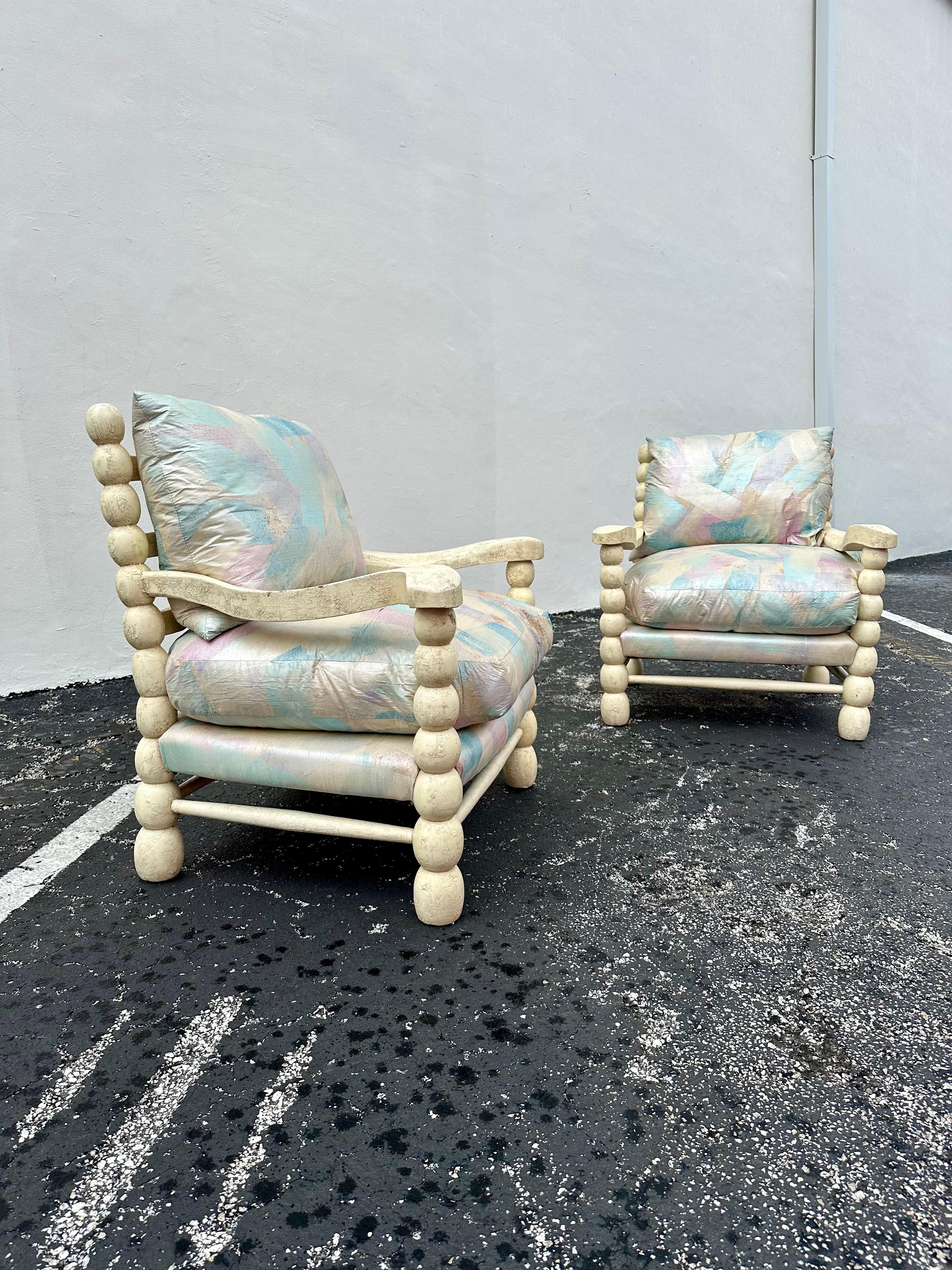 Late 20th Century 1980s Pastel Maitland Smith Gustavian Bobbin Style Rustic Chairs, Set of 2 For Sale