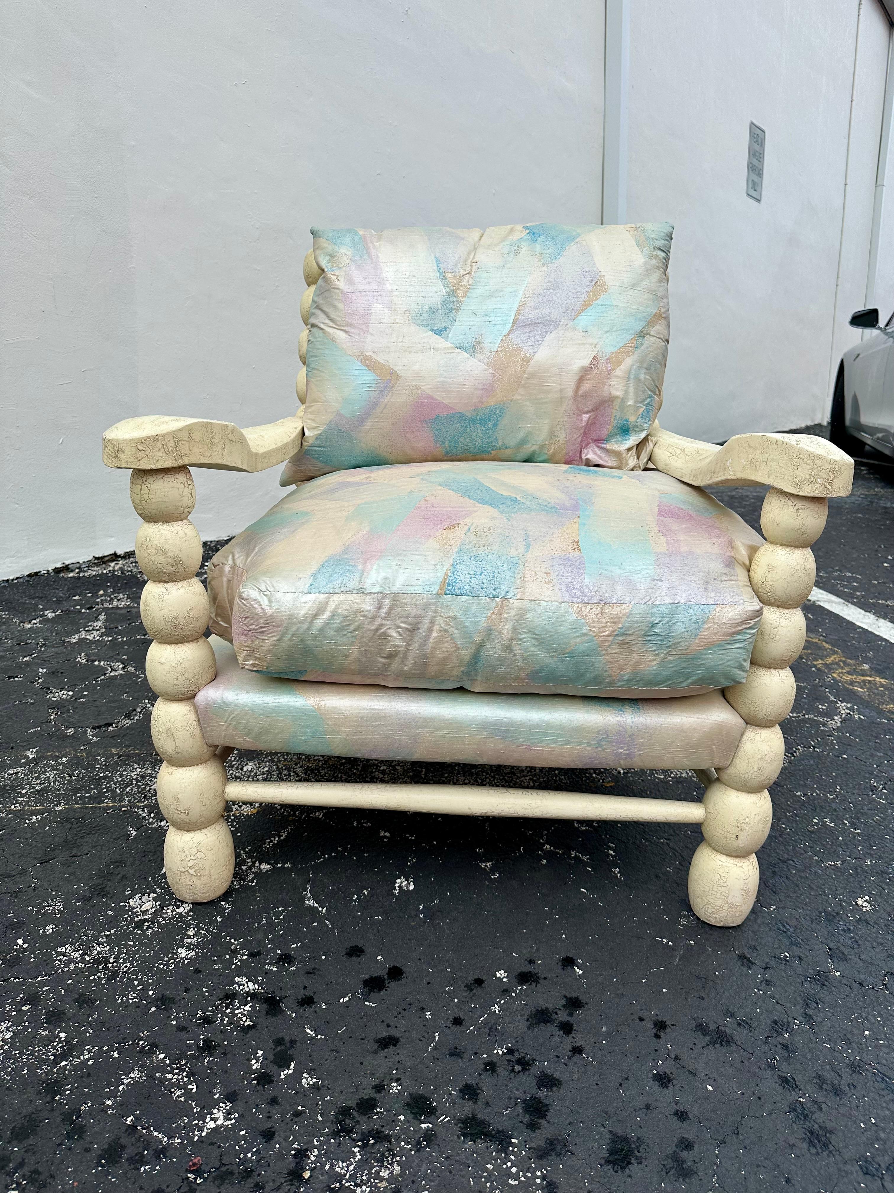 Upholstery 1980s Pastel Maitland Smith Gustavian Bobbin Style Rustic Chairs, Set of 2 For Sale