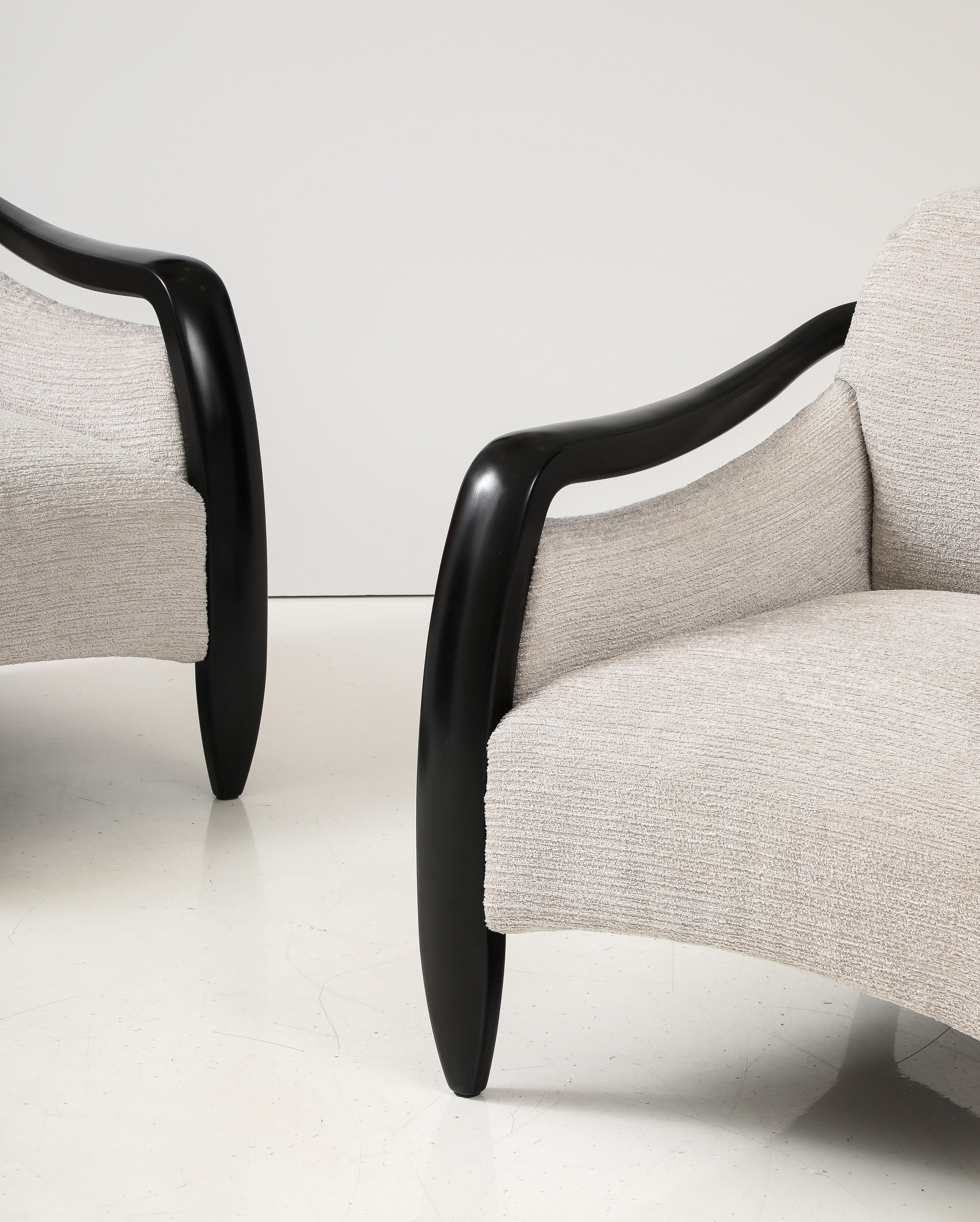 Chenille 1980's Sculptural Modernist Black Lacquer Lounge Chairs