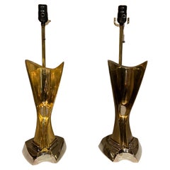 Paire de lampes de bureau sculpturales des années 1980 - Sculpture d'art brutaliste en laiton patiné