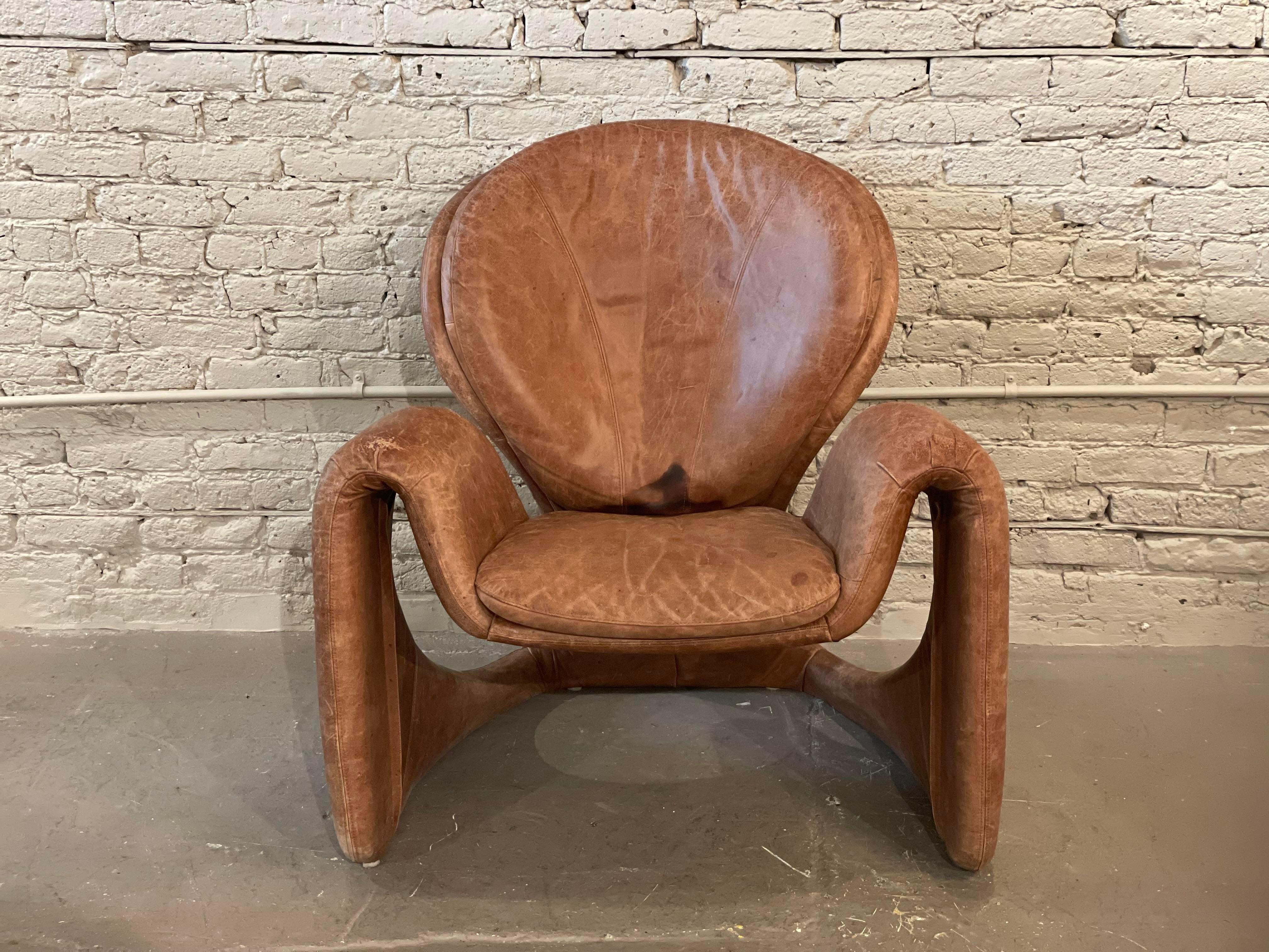 1980s Sculptural Postmodern Distressed Leather Chair 5