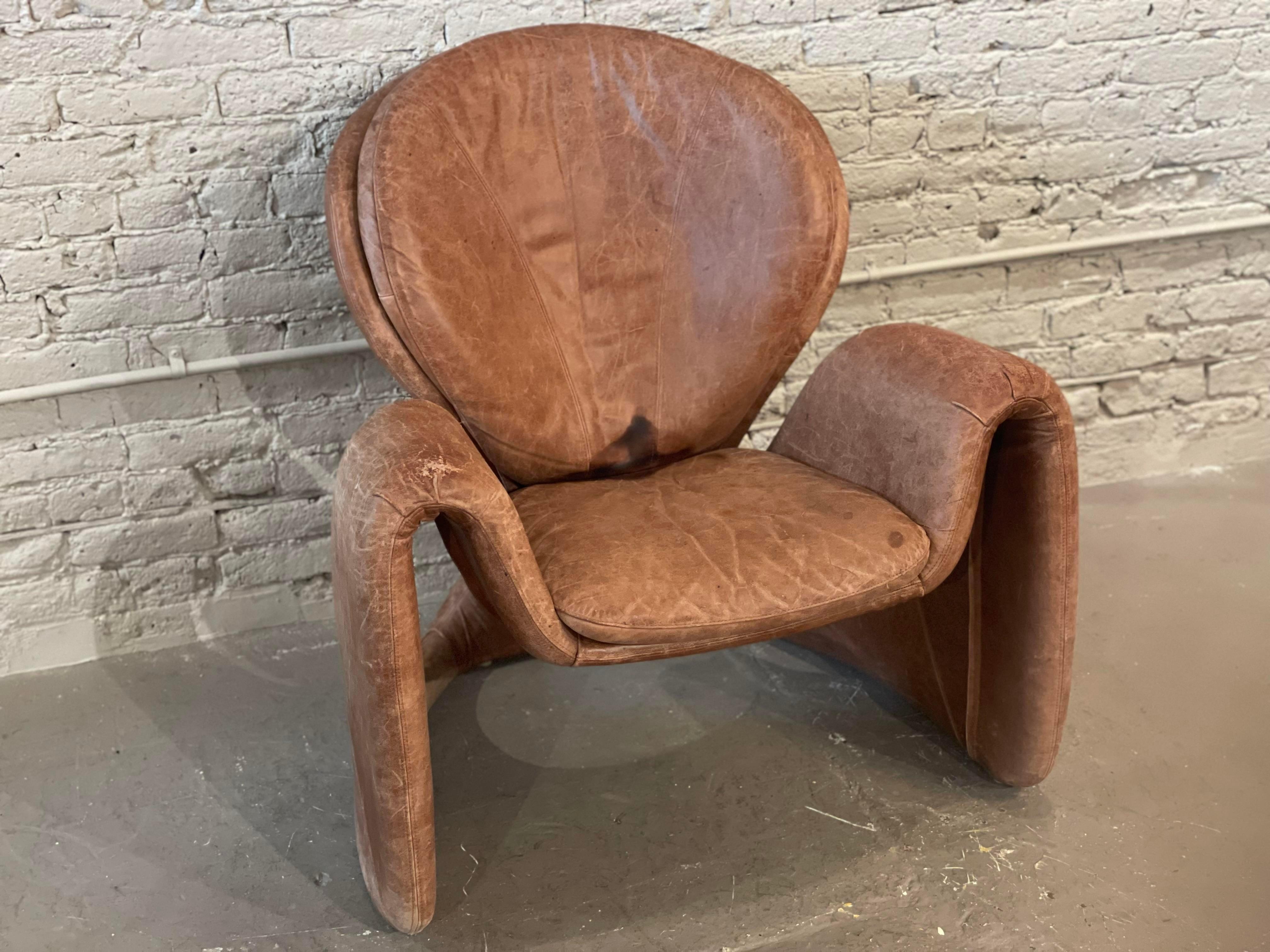 Post-Modern 1980s Sculptural Postmodern Distressed Leather Chair
