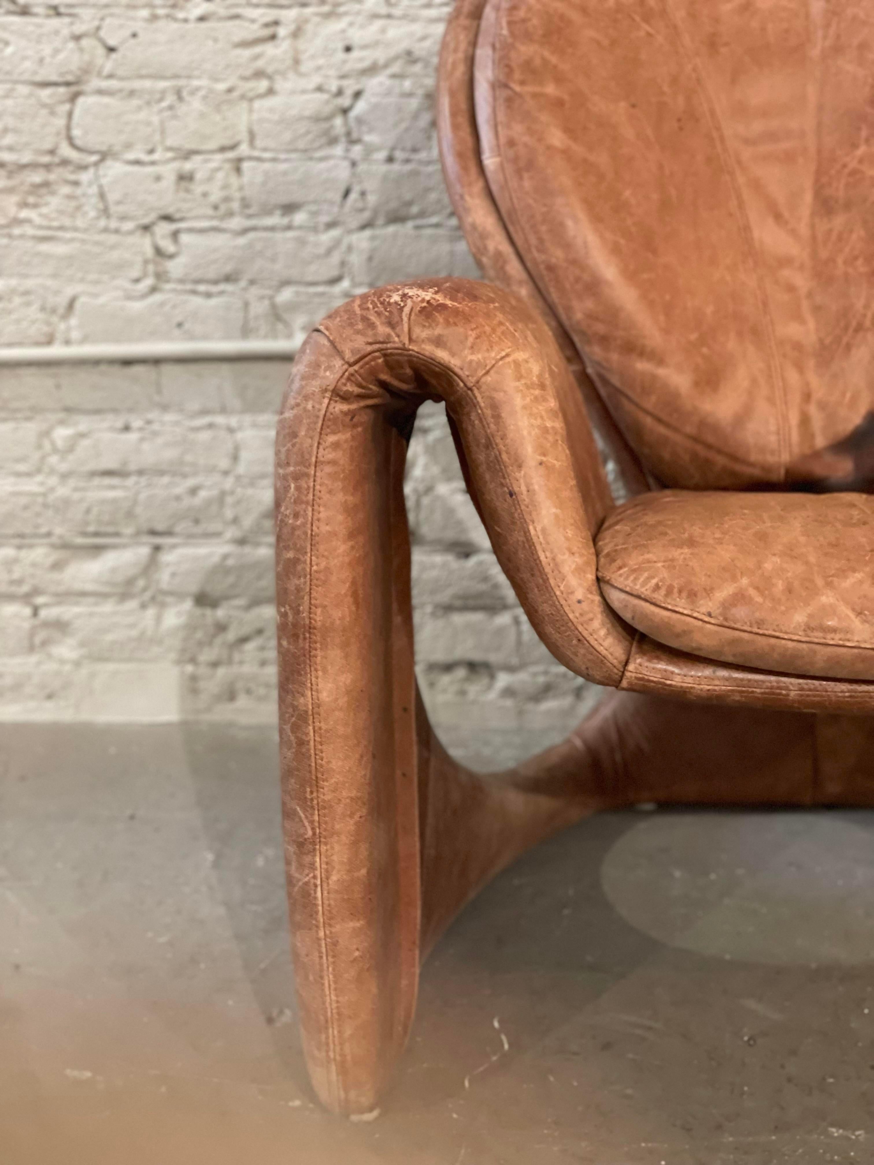 1980s Sculptural Postmodern Distressed Leather Chair In Fair Condition In Chicago, IL