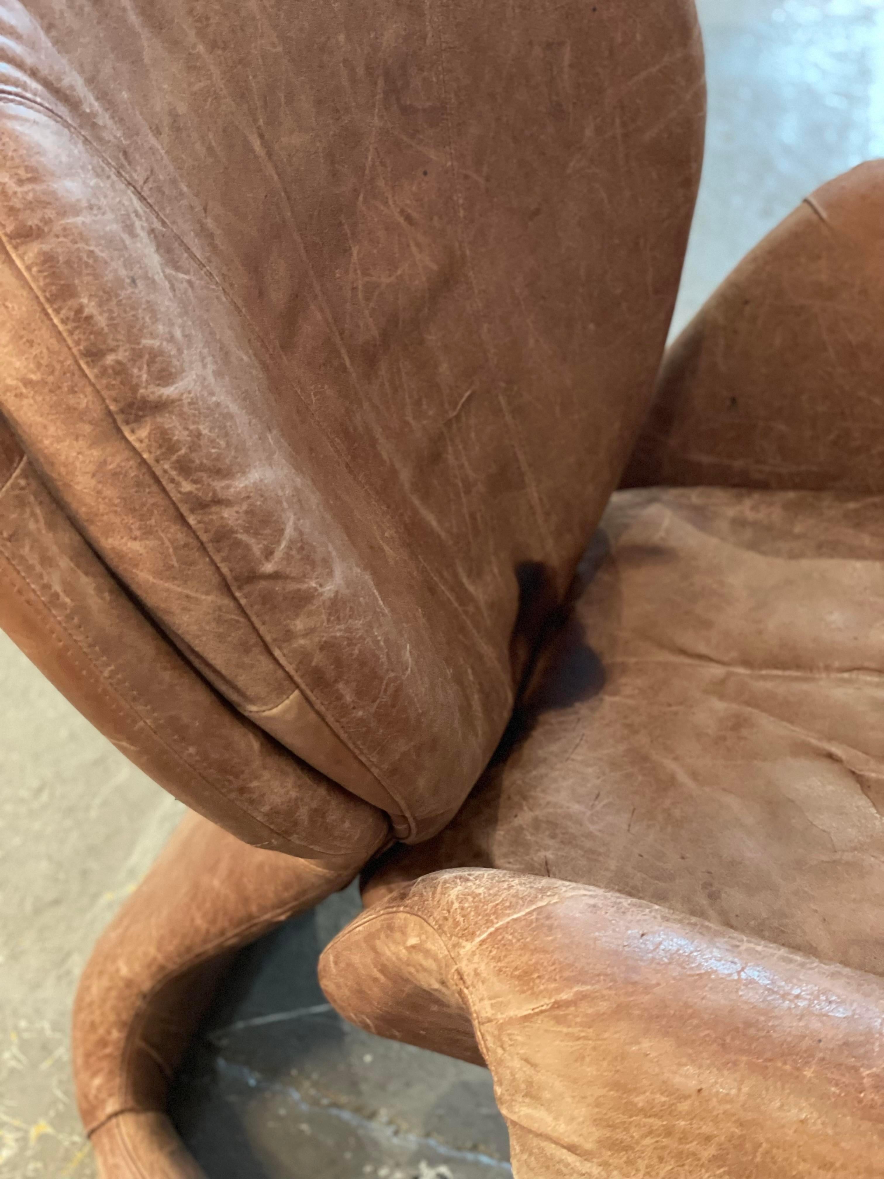 1980s Sculptural Postmodern Distressed Leather Chair 1