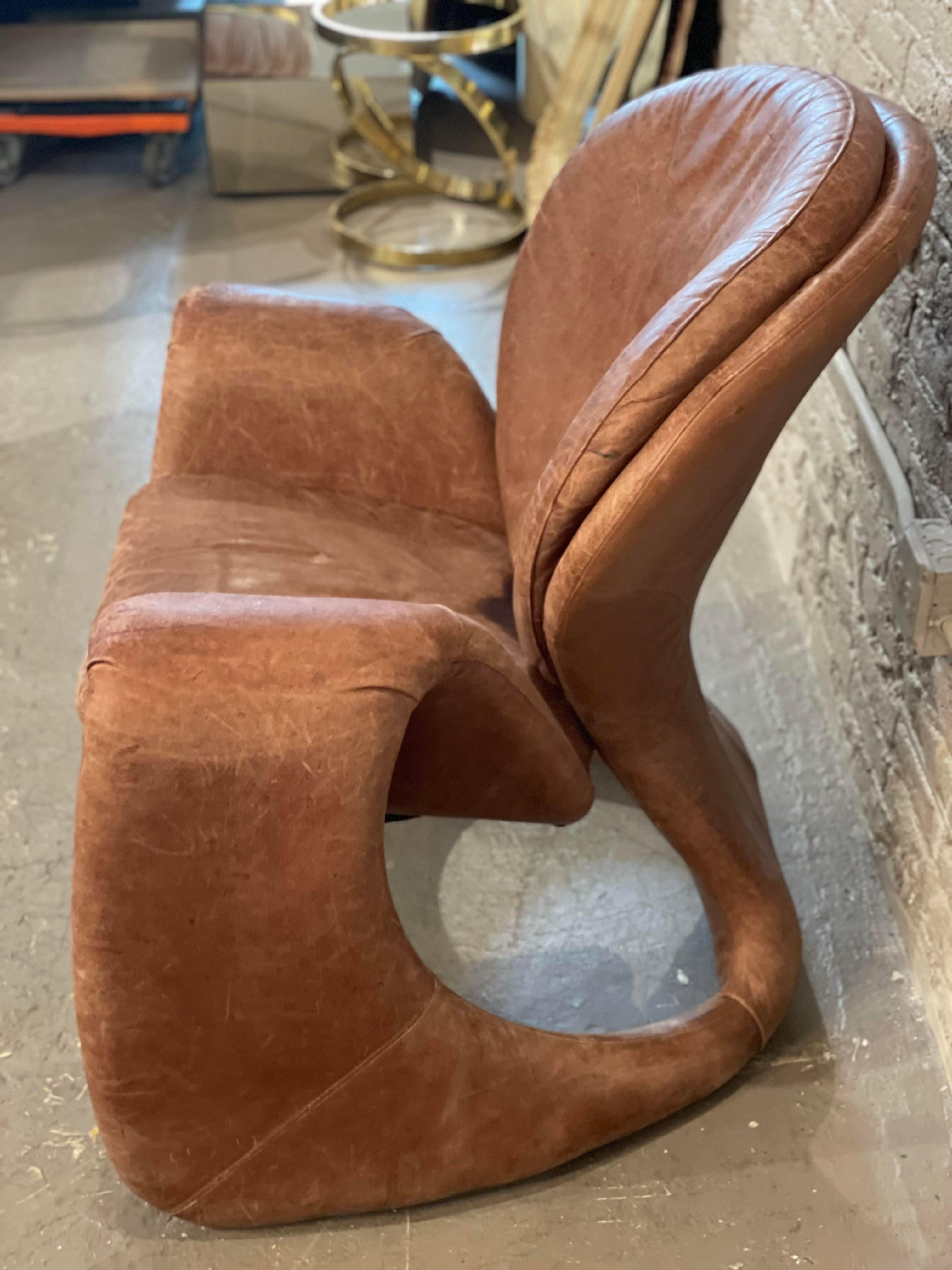 1980s Sculptural Postmodern Distressed Leather Chair 2