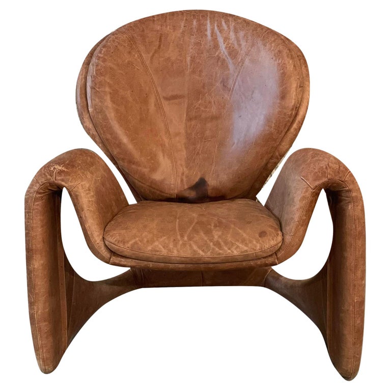 1980s Sculptural Postmodern Distressed Leather Chair For Sale at 1stDibs