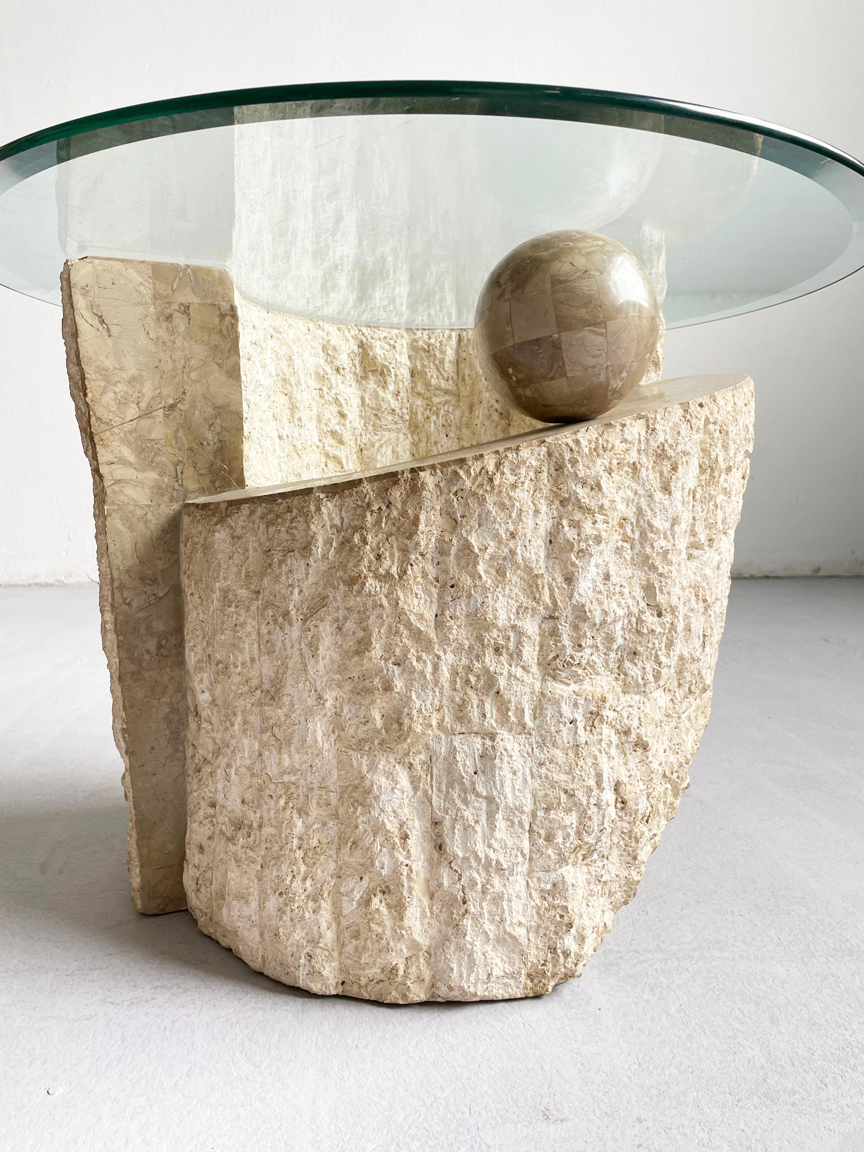 Post-Modern 1980s Sculptural Postmodern Natural Mactan Stone Accent Table with Glass Top