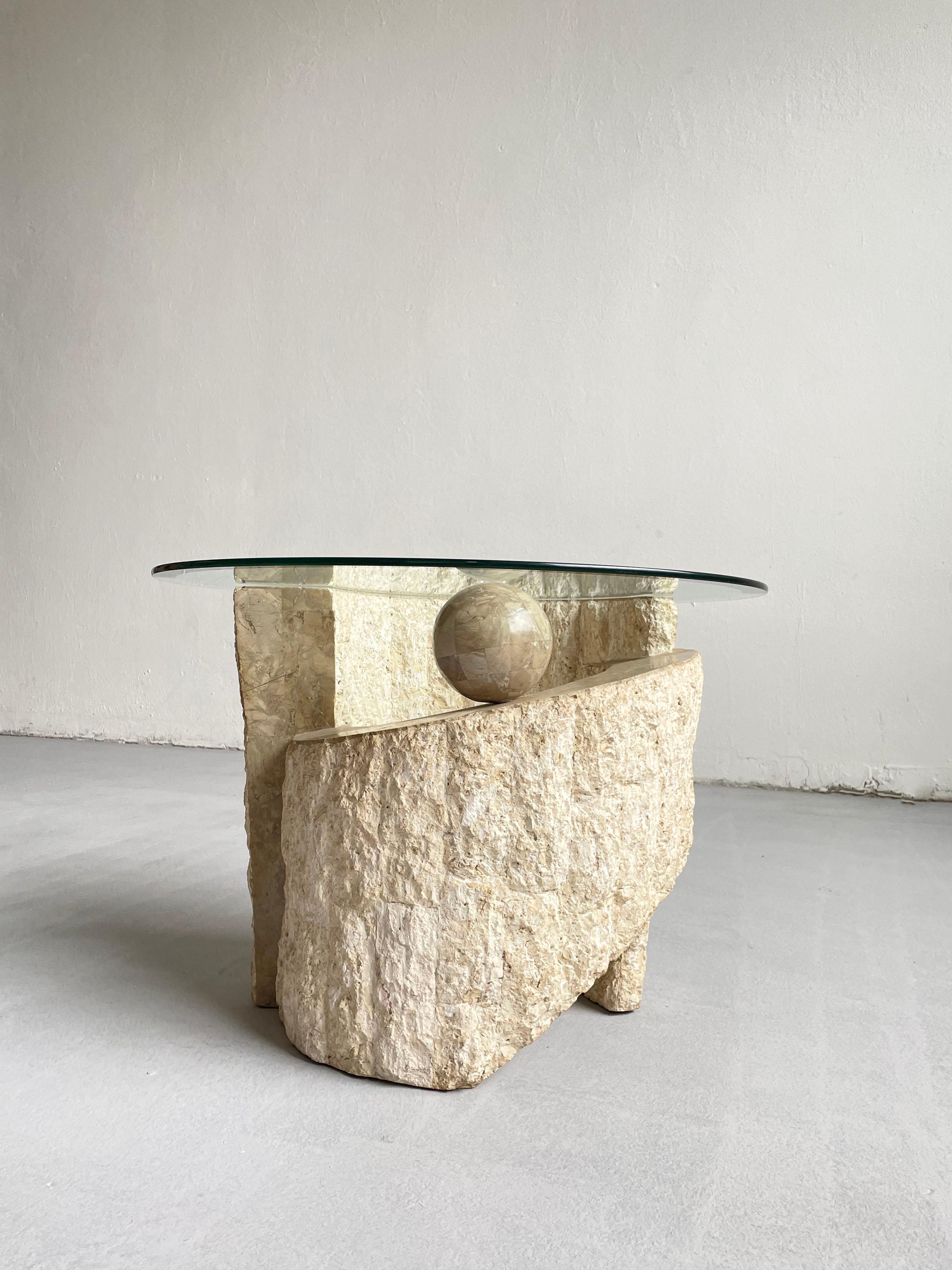European 1980s Sculptural Postmodern Natural Mactan Stone Accent Table with Glass Top