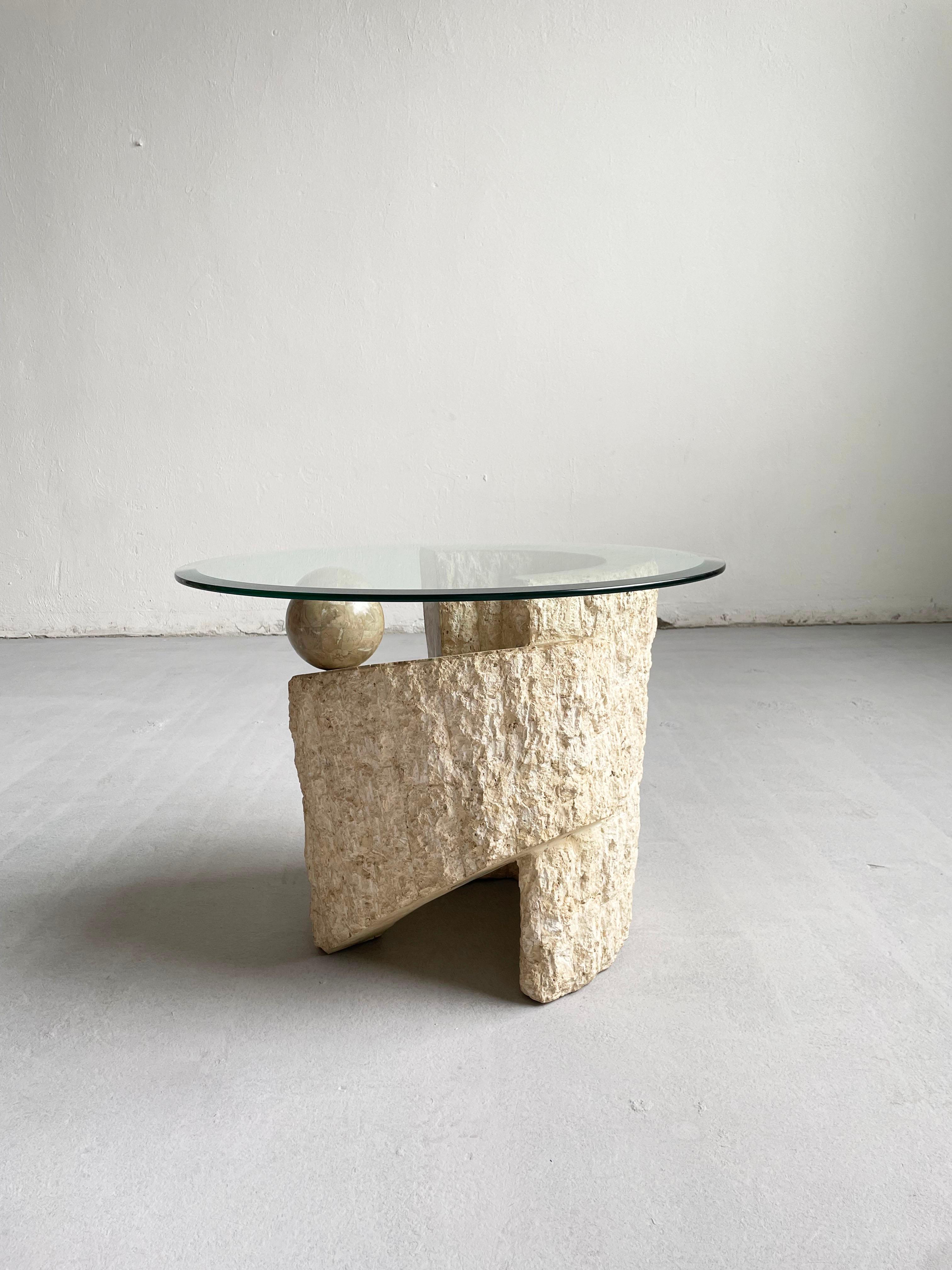 1980s Sculptural Postmodern Natural Mactan Stone Accent Table with Glass Top 1