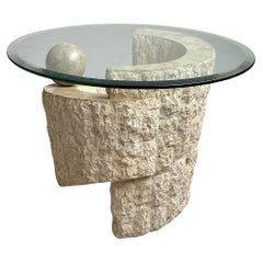 Vintage 1980s Sculptural Postmodern Natural Mactan Stone Accent Table with Glass Top