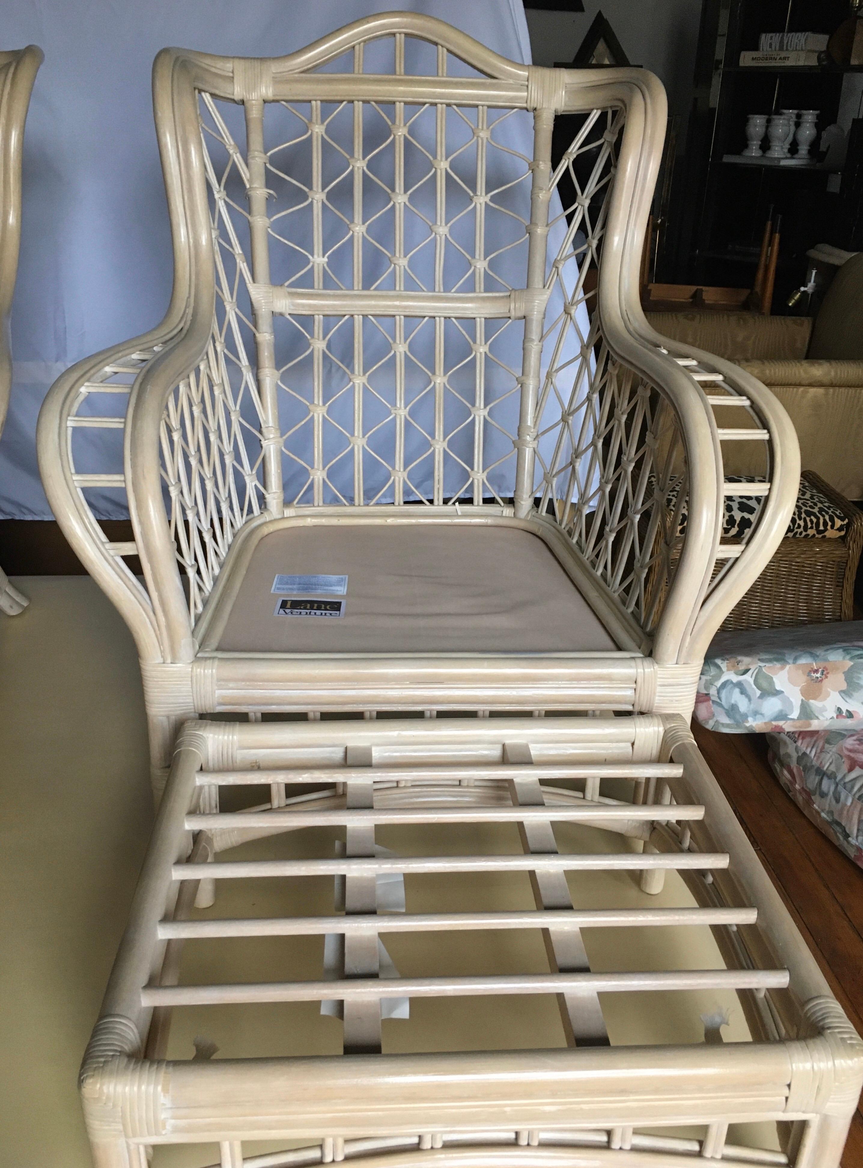 1980s Sculptural Rattan Faux Bamboo Wing Chairs with Ottomans by Lane In Good Condition For Sale In Lambertville, NJ