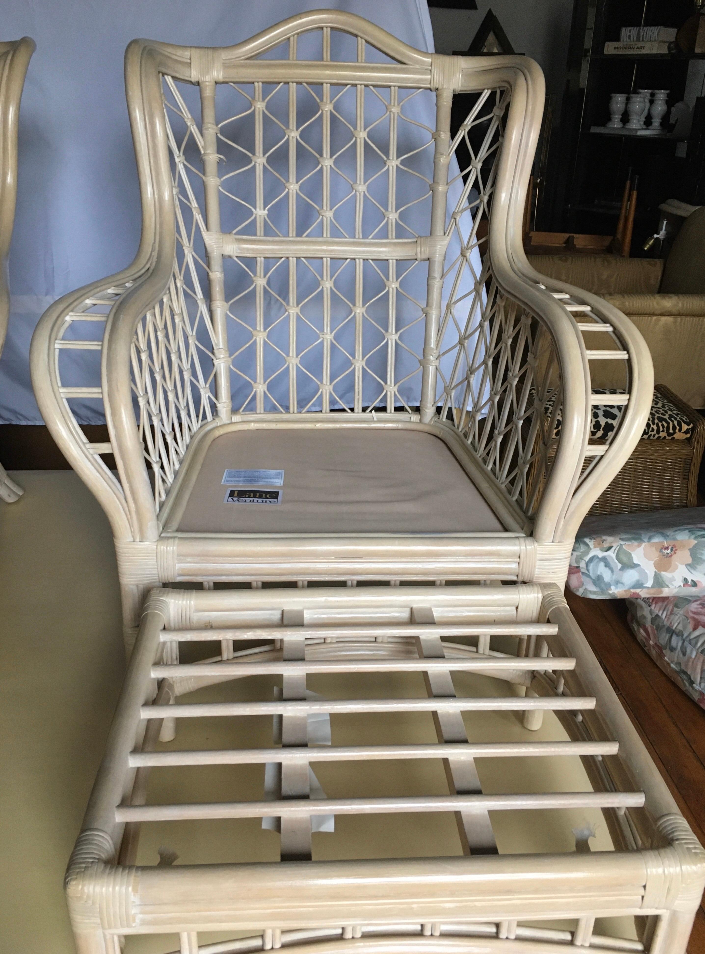 Upholstery 1980s Sculptural Rattan Faux Bamboo Wing Chairs with Ottomans by Lane For Sale