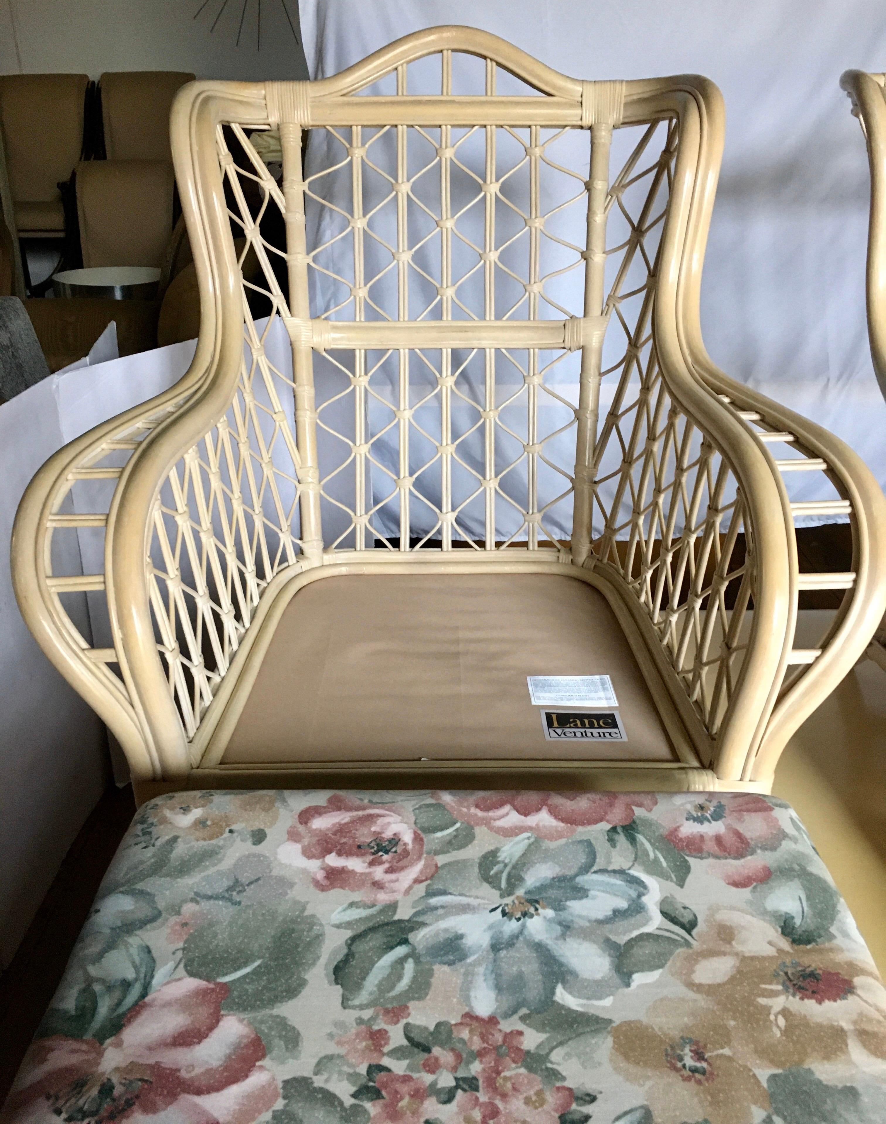 1980s Sculptural Rattan Faux Bamboo Wing Chairs with Ottomans by Lane For Sale 1