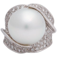 1980s Sculptural South Sea Pearl with Diamonds Large Gold Cocktail Ring