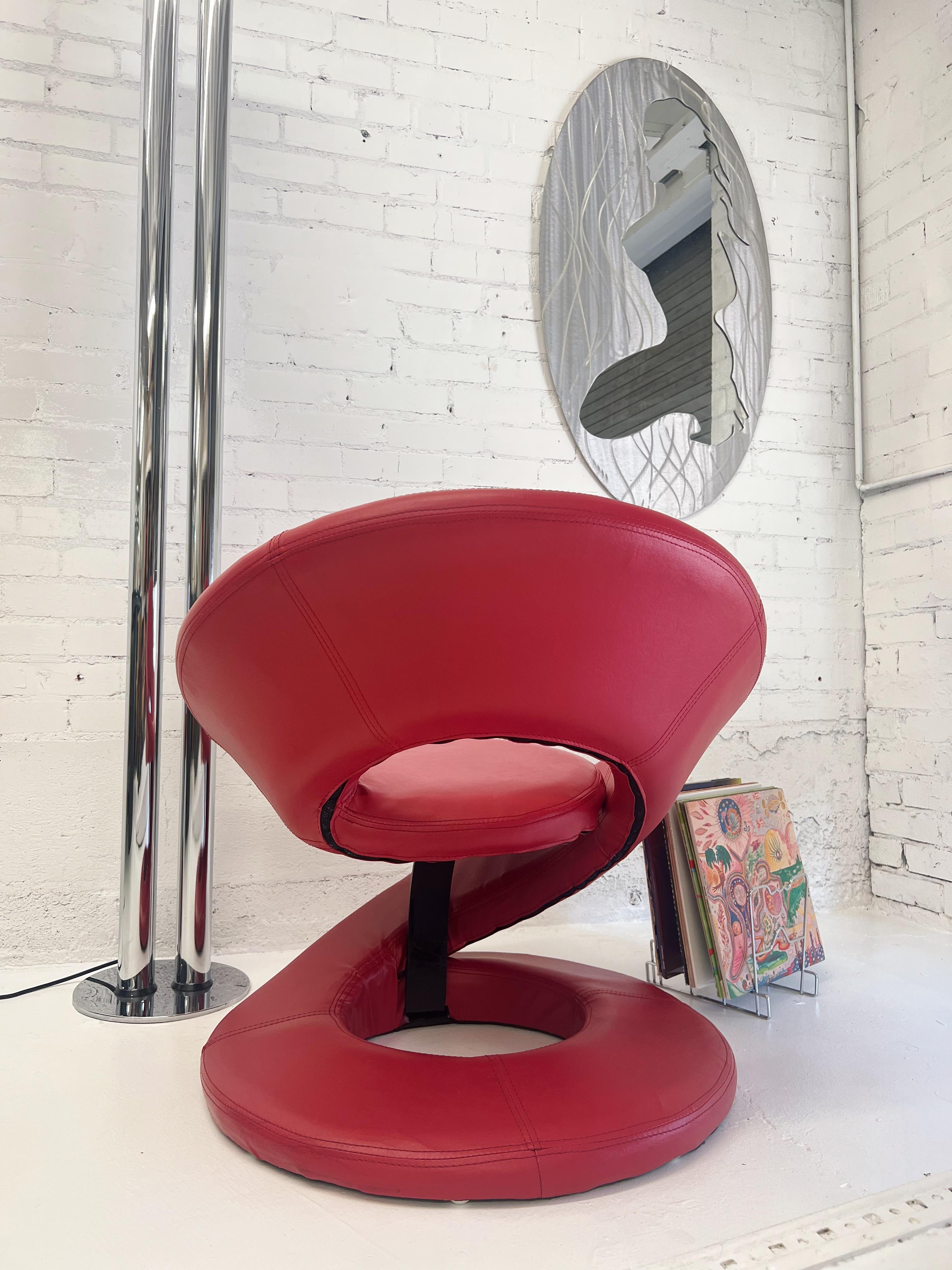 Vintage 1980's bright red pop art ribbon chair attributed to Jaymar. The sculptural pop of red with all the right curves to complete your primary color set. There's not a bad angle on it. Extremely comfortable, it passes the 