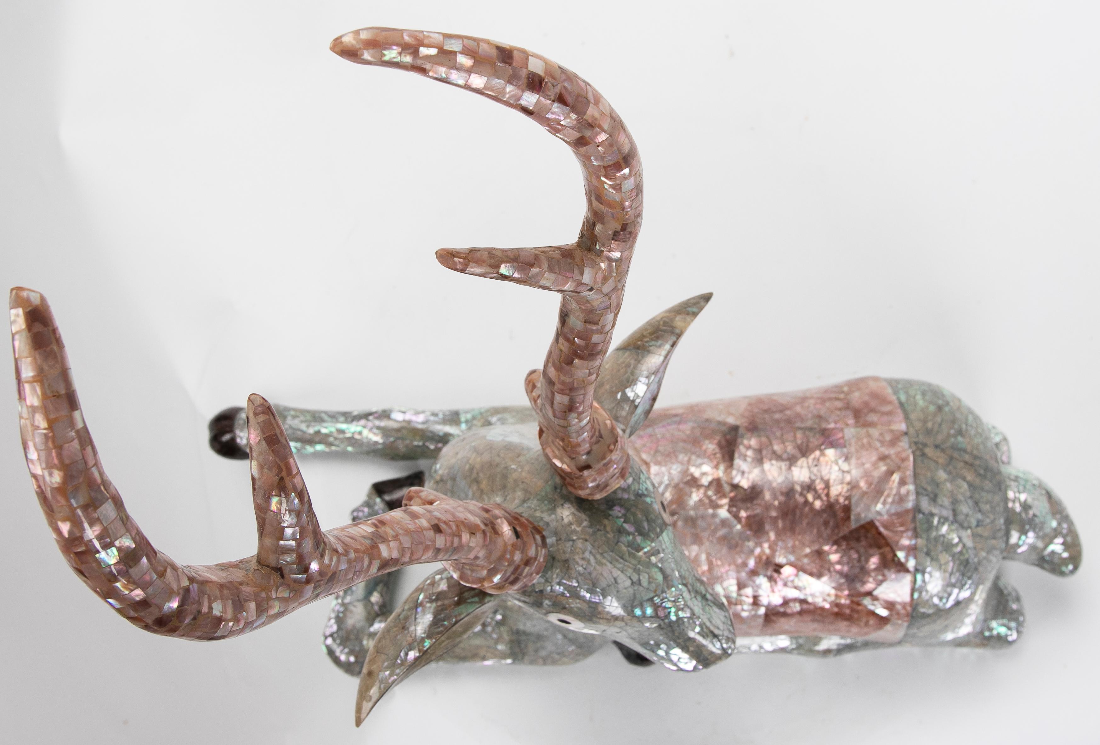 1980s Sculpture of a Deer Lying Down with Mother of Pearl Antlers For Sale 4