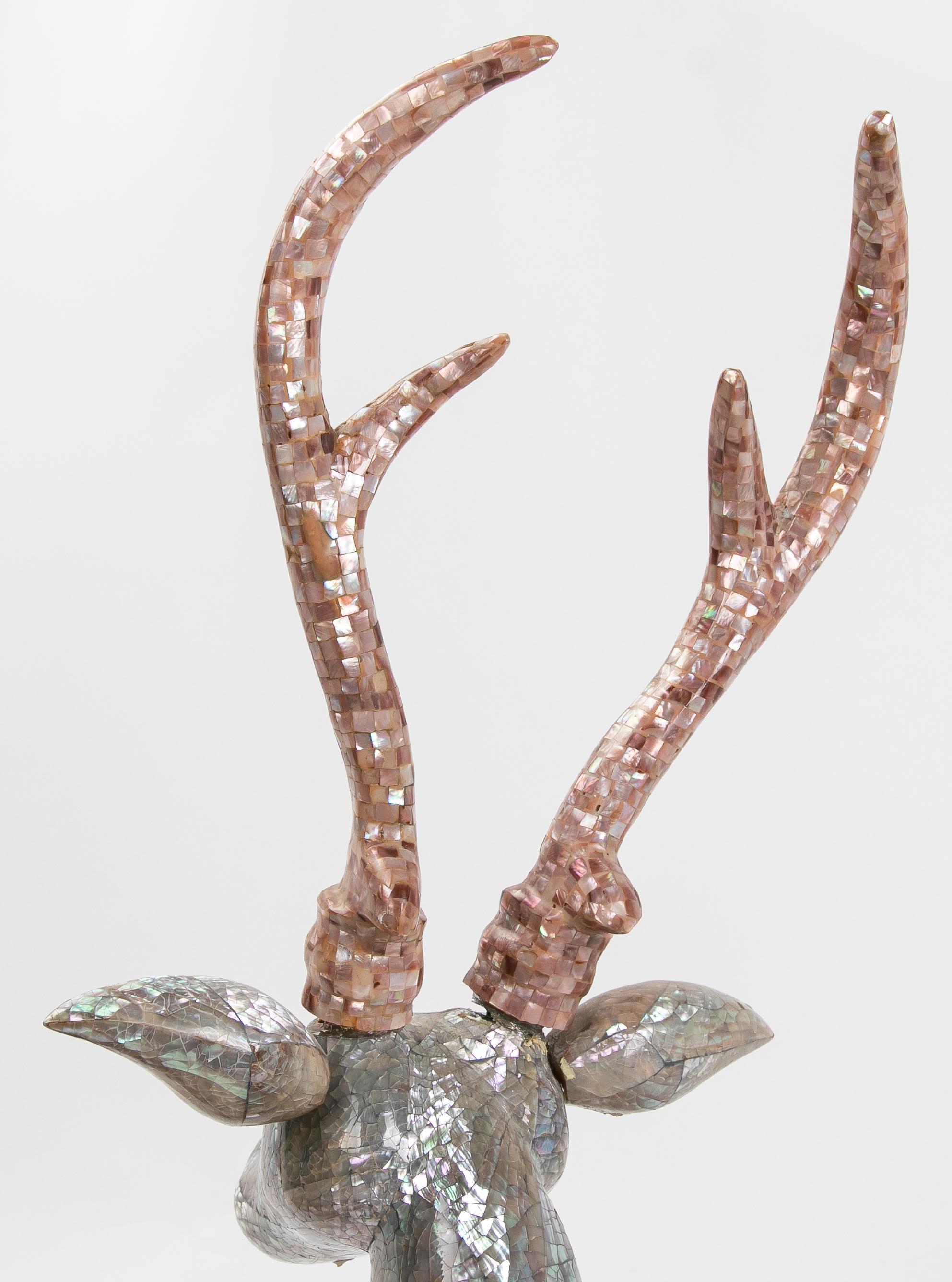 1980s Sculpture of a Deer Lying Down with Mother of Pearl Antlers In Good Condition For Sale In Marbella, ES