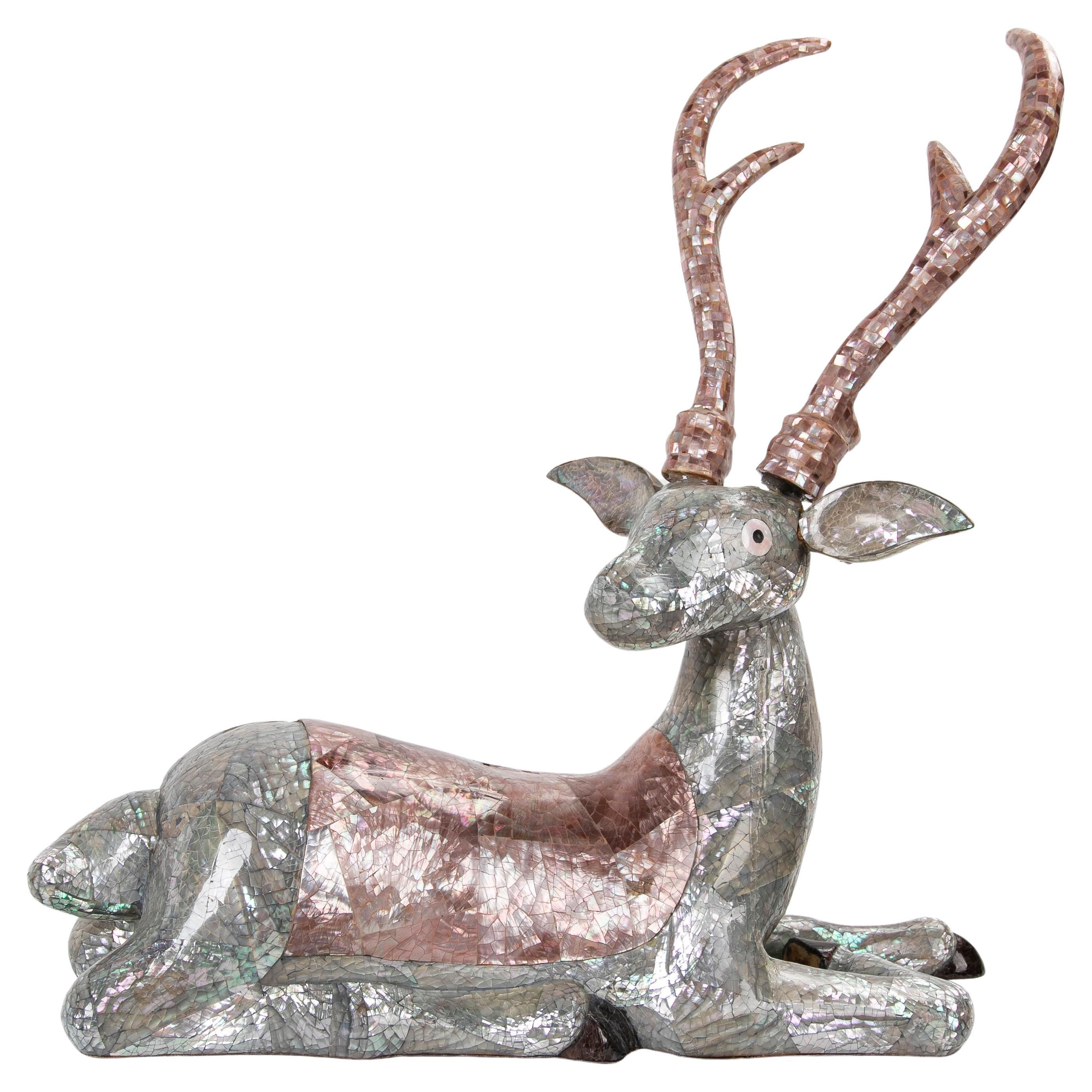 1980s Sculpture of a Deer Lying Down with Mother of Pearl Antlers For Sale