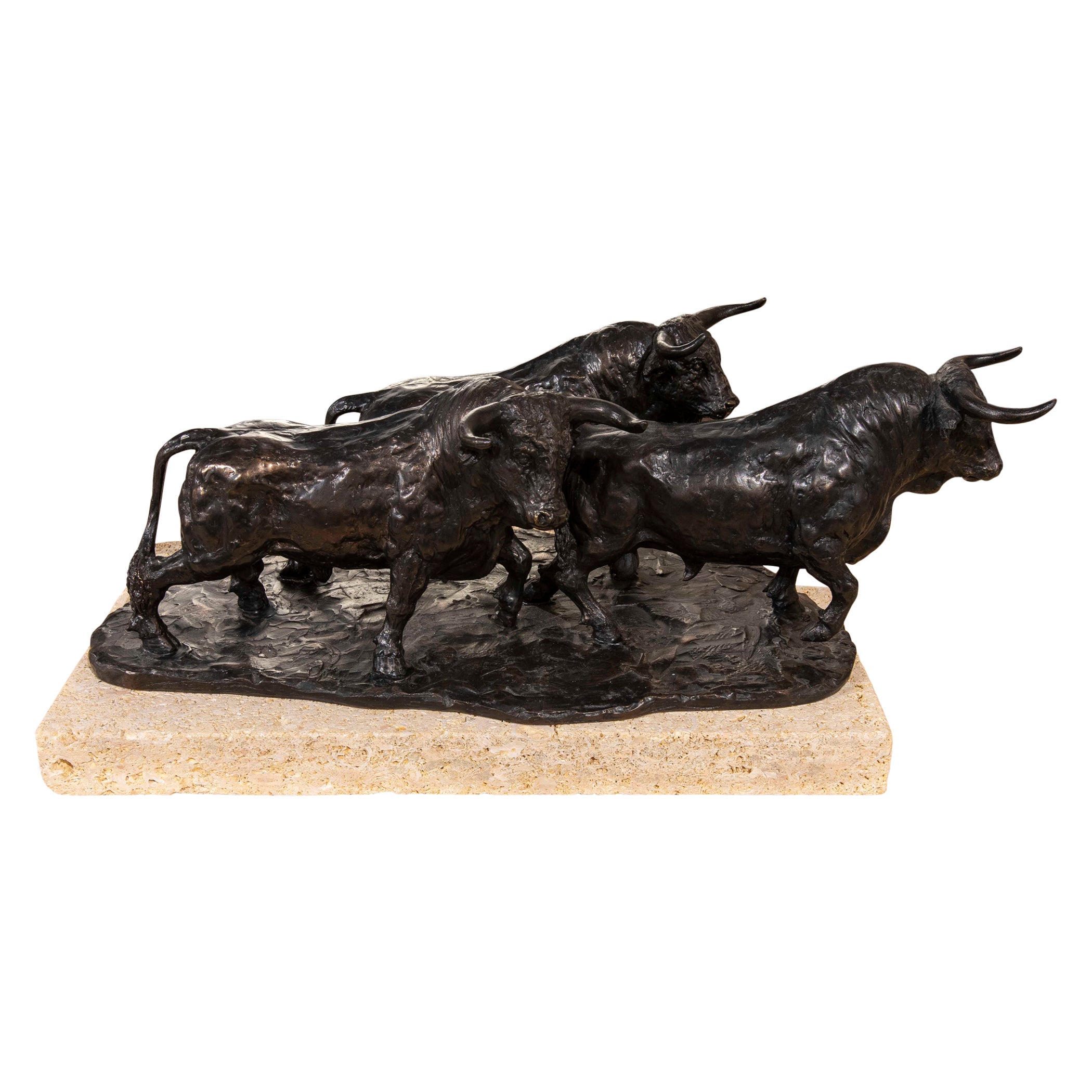 1980s Sculpture of Three Bronze-finished Resin Bulls with Travertine Base