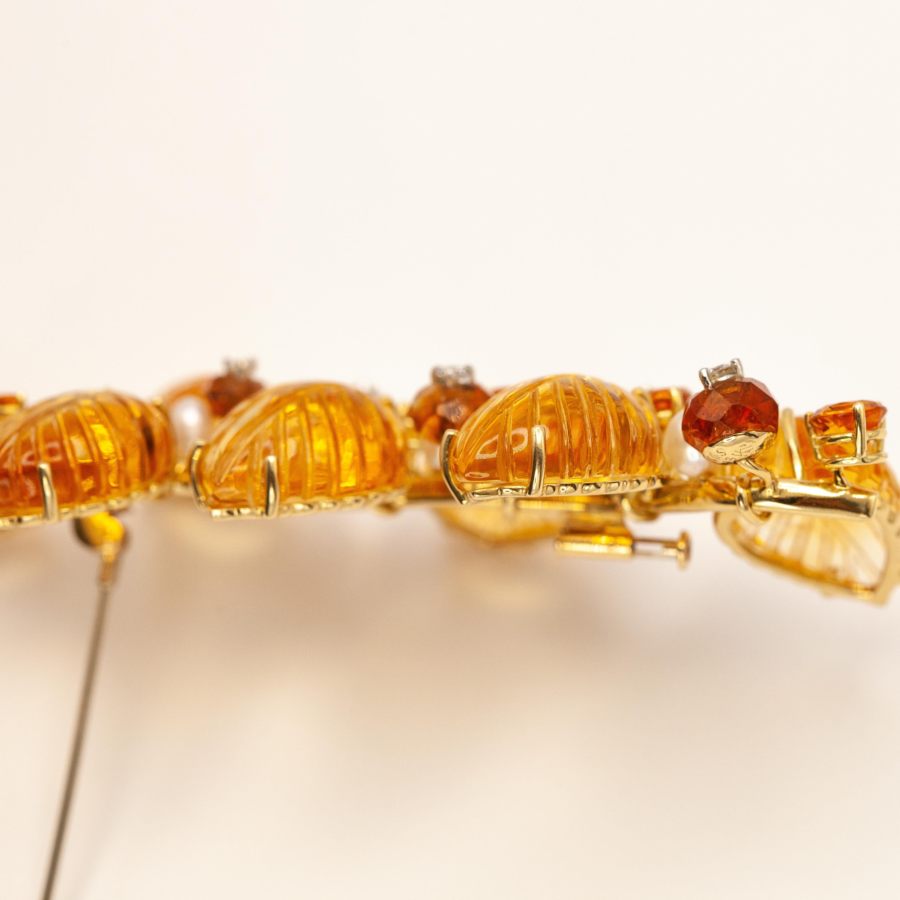 Mixed Cut Seaman Schepps 18K Yellow Gold Diamond Citrine Leaf Brooch c. 1980s For Sale