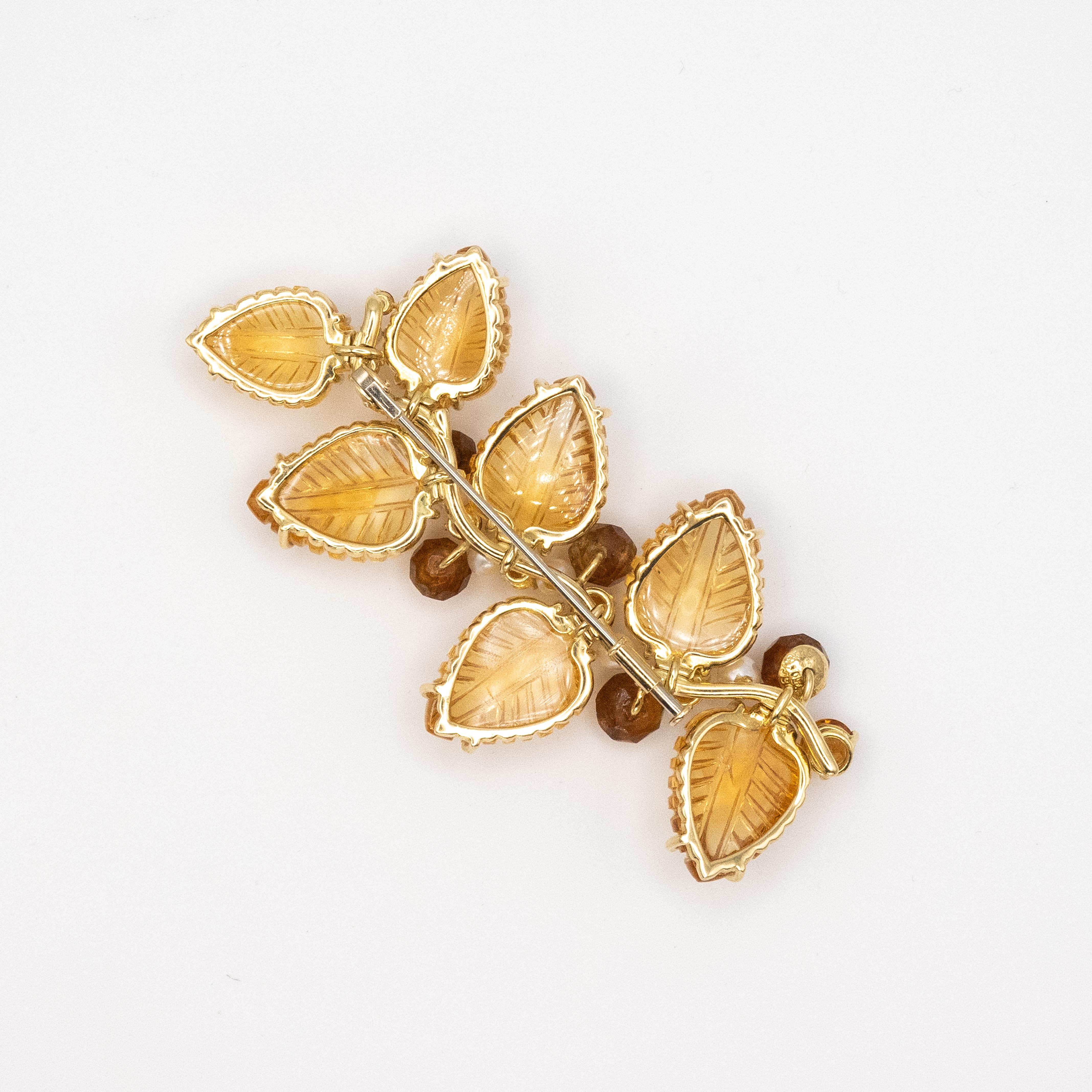 Seaman Schepps 18K Yellow Gold Diamond Citrine Leaf Brooch c. 1980s For Sale 1