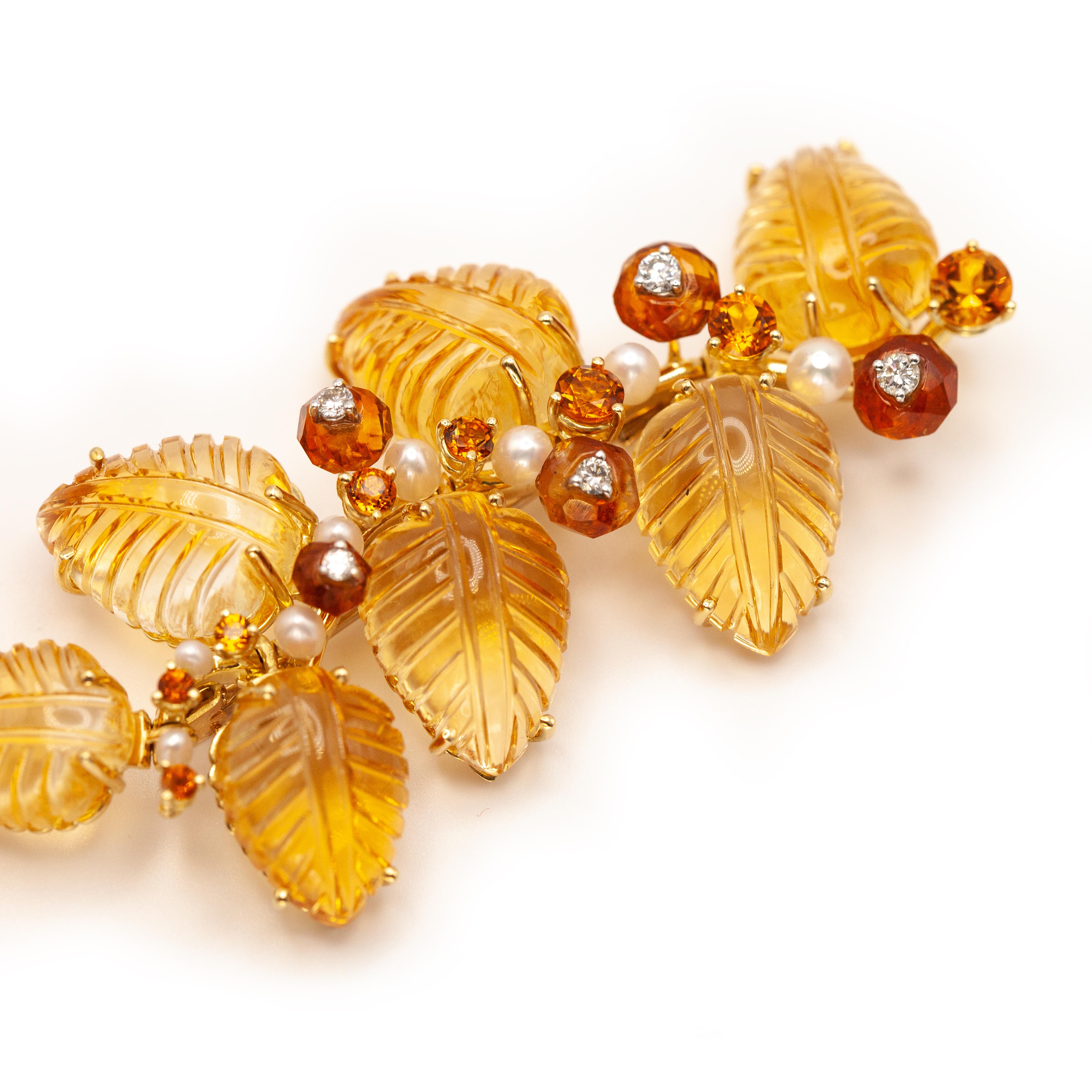 Modern Seaman Schepps 18K Yellow Gold Diamond Citrine Leaf Brooch c. 1980s For Sale