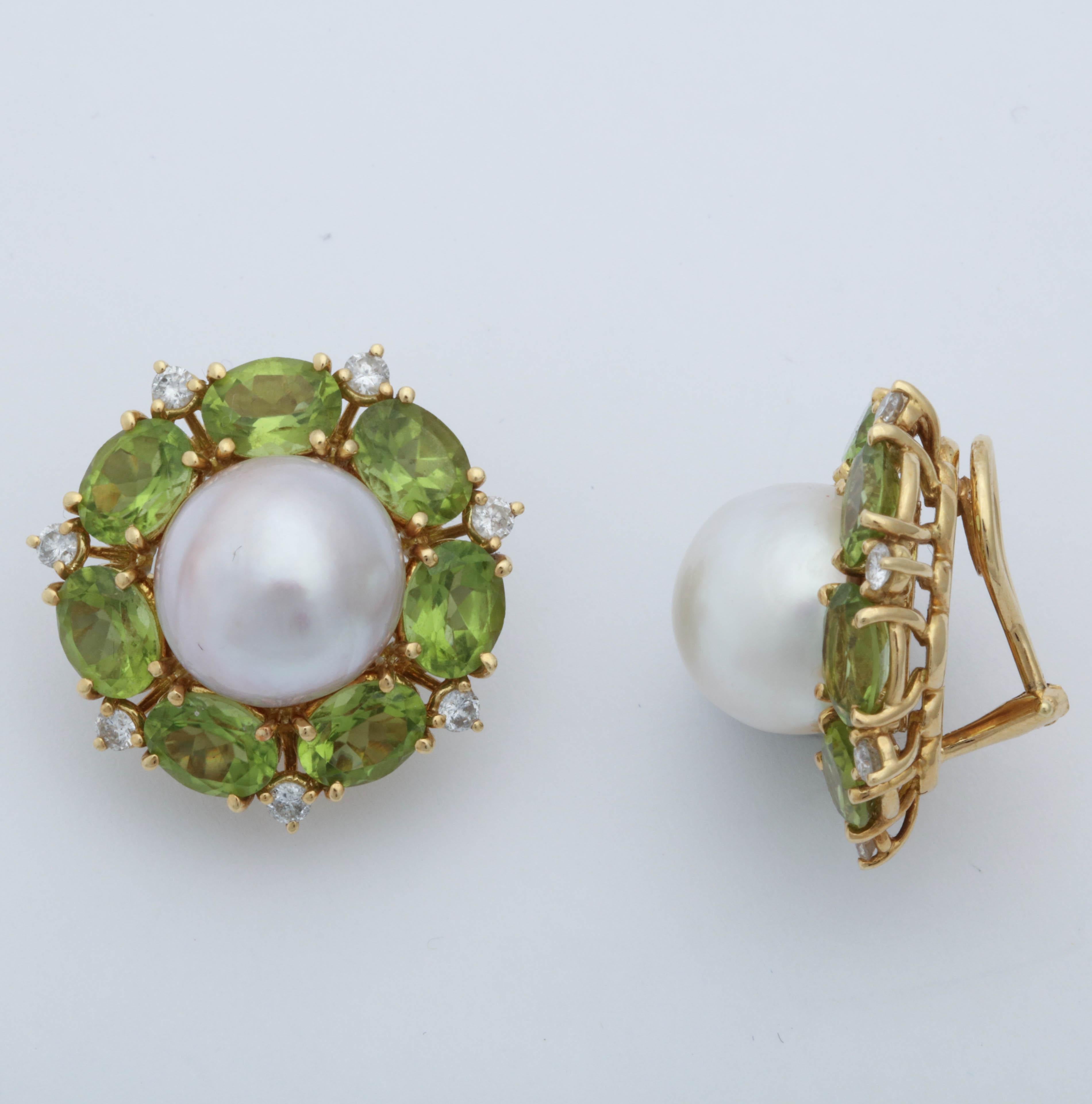 Oval Cut 1980s Seaman Schepps South Sea Pearl with Peridots and Diamonds Earclips
